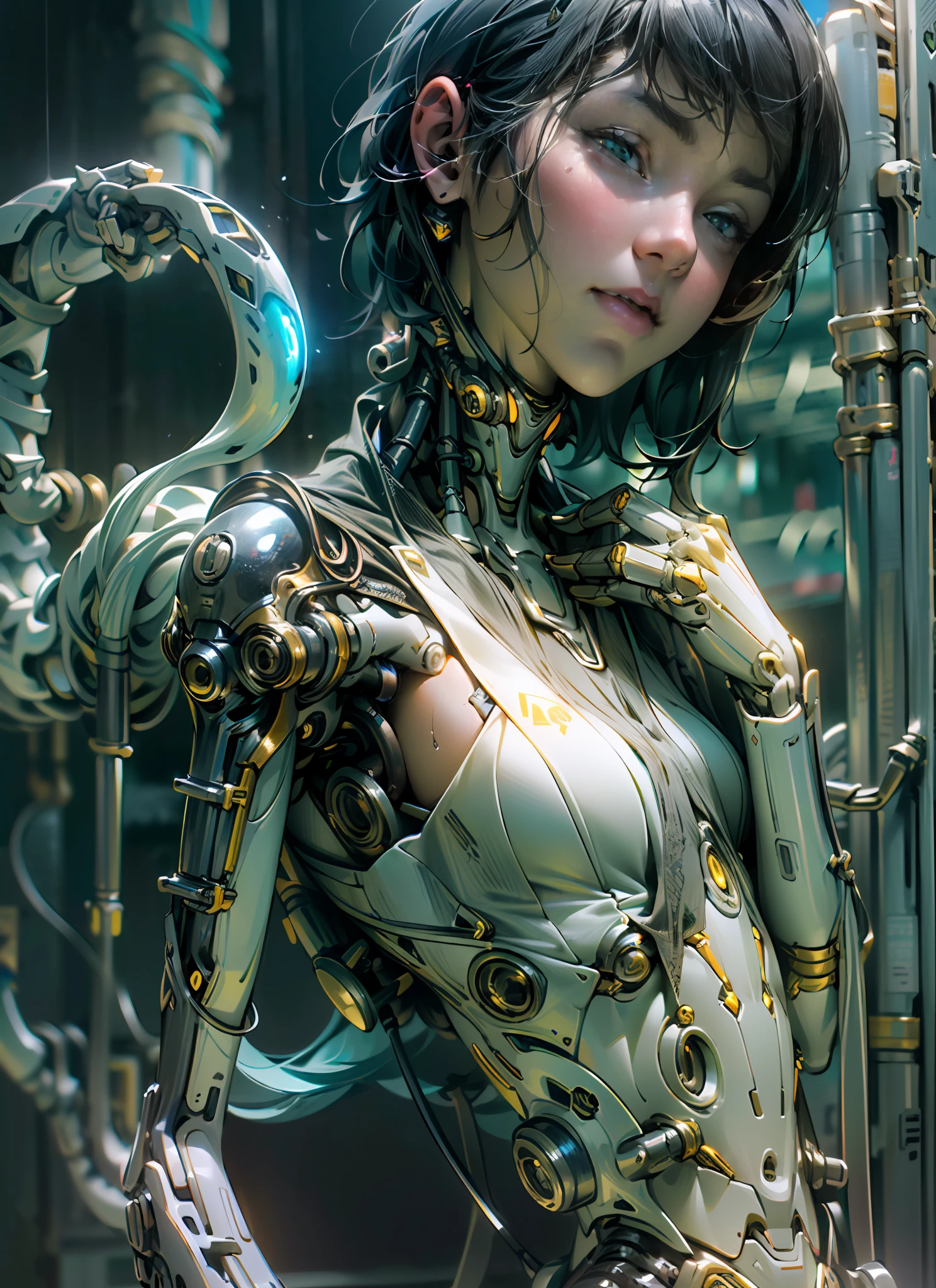Top Quality, Masterpiece, Ultra High Resolution, ((Photorealistic: 1.4), Raw Photo, 1 cyberpunk android Girl, ((portrait)), Glossy Skin, (Ultra Realistic Details)), mechanical limbs, tubes connected to the mechanical parts, mechanical vertebrae attached to the spine, mechanical cervical attachment to the neck, wires and cables connecting to the head, Evangelion, ((Ghost in the Shell)), small glowing LED lamps, global lighting, deep shadows, Octane Rendering, 8K, Ultra Sharp, Metal, Intricate Ornament Details, baroque details, Very intricate details, realistic light, CGSoation trend, facing the camera, neon details, (android manufactory in background), art by H.R. Giger and Alphonse Mucha.