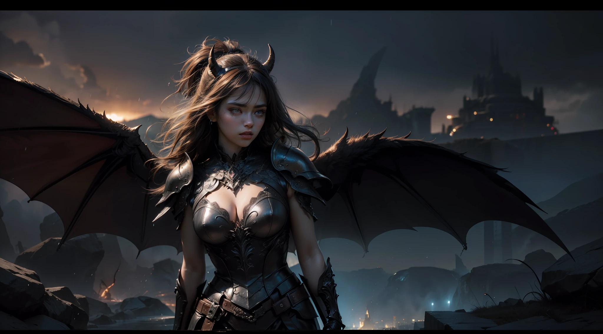 (Masterpiece:1.21), (Best quality:1.331), ((Ultra-detailed)), ((extremely best illustration)), ((Amazing)), (hyper qualit), Gorgeous and rich graphics, (Extremely delicate and beautiful:1.21), 8K, the wallpaper, (extremely beautiful lighting), hard light, Delicate composition, (Perfect positioning), (extremely beautiful and detailed background:1.21), Rembrandt style expression of light and shadow, Dark tone, (Low profile, high differential color levels), ((Depth of field)), deepshadow, Radial blur, rain, (The background is blurred out), (1 female demon),(Beautiful detailed eyes), Black wings,((half-body shots)),Large breasts,Complex leather armor,Glowing sword,with a volcano in the background,magma