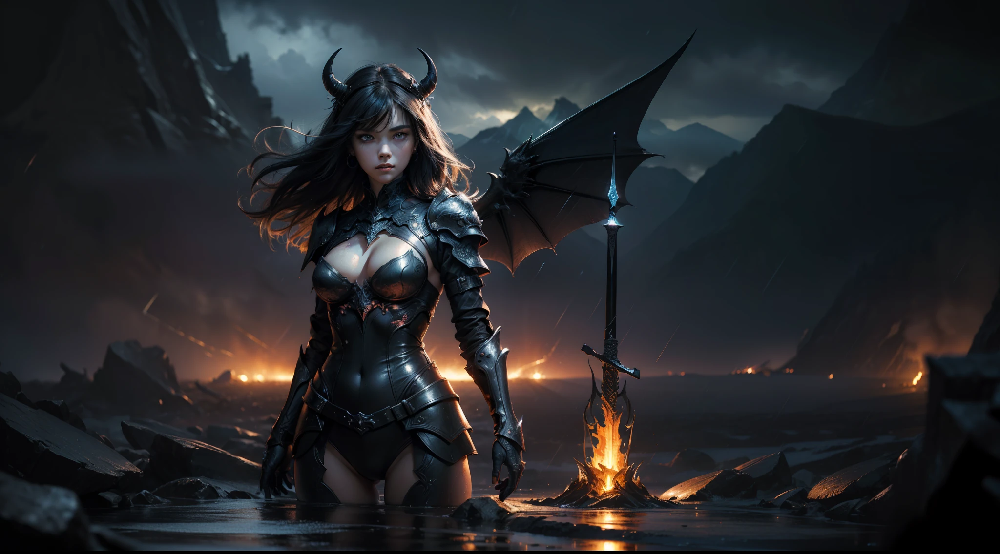 (Masterpiece:1.21), (Best quality:1.331), ((Ultra-detailed)), ((extremely best illustration)), ((Amazing)), (hyper qualit), Gorgeous and rich graphics, (Extremely delicate and beautiful:1.21), 8K, the wallpaper, (extremely beautiful lighting), hard light, Delicate composition, (Perfect positioning), (extremely beautiful and detailed background:1.21), Rembrandt style expression of light and shadow, Dark tone, (Low profile, high differential color levels), ((Depth of field)), deepshadow, Radial blur, rain, (The background is blurred out), (1 female demon),(Beautiful detailed eyes), Black wings,((half-body shots)),Large breasts,Complex leather armor,Glowing sword,with a volcano in the background,magma
