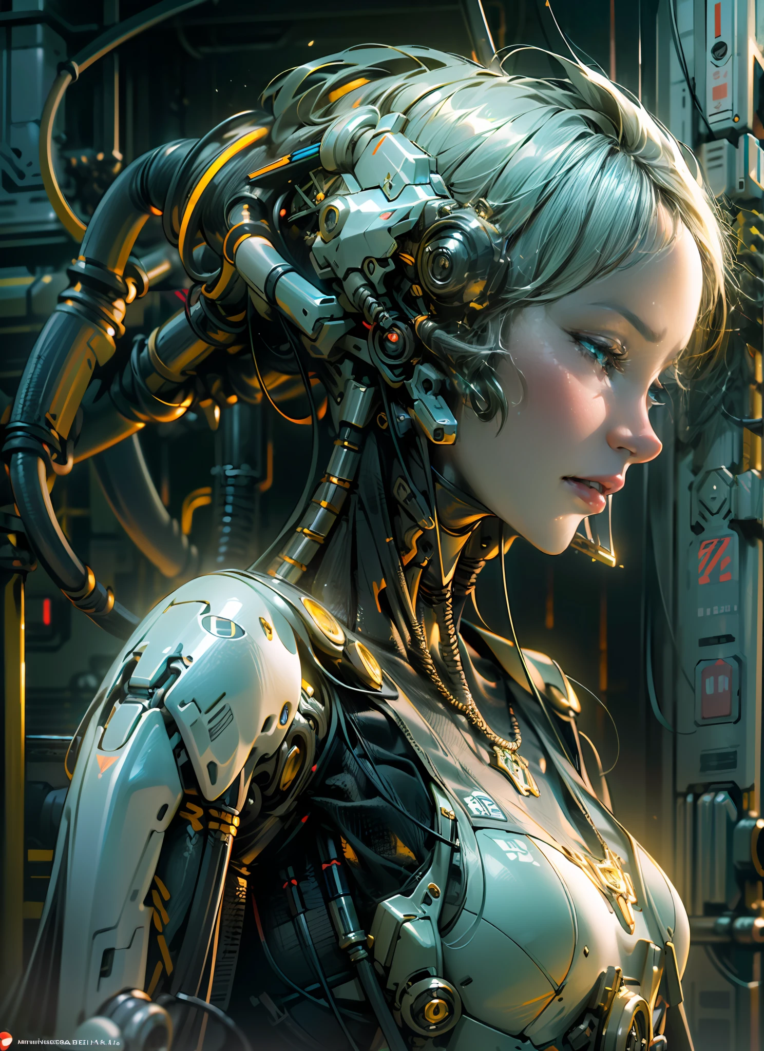 Top Quality, Masterpiece, Ultra High Resolution, ((Photorealistic: 1.4), Raw Photo, 1 cyberpunk android Girl, ((portrait)), Glossy Skin, (Ultra Realistic Details)), mechanical limbs, tubes connected to the mechanical parts, mechanical vertebrae attached to the spine, mechanical cervical attachment to the neck, wires and cables connecting to the head, Evangelion, ((Ghost in the Shell)), small glowing LED lamps, global lighting, deep shadows, Octane Rendering, 8K, Ultra Sharp, Metal, Intricate Ornament Details, baroque details, Very intricate details, realistic light, CGSoation trend, facing the camera, neon details, (android manufactory in background), art by H.R. Giger and Alphonse Mucha.