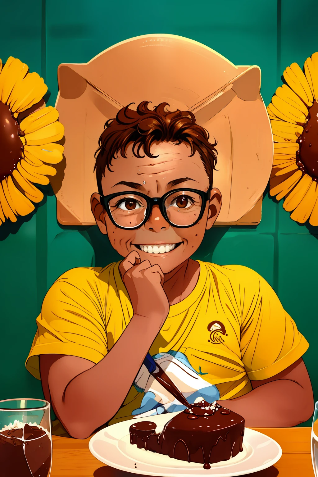 "((best quality)), ((master part)), ((desenhos animados realistas)), ((Personagem perfeito)) - An exciting and playful portrait of a 10-year-old boy wearing glasses, seu ((rosto coberto de chocolate))). The mischievous child is happy indulging in the sweet, criando uma cena encantadora e deliciosa. The image is meticulously detailed, capturing every aspect of the boy's innocent and joyful expression, bem como a textura das (((manchas de chocolate))). Presented in stunning 8K UHD resolution, This realistic and captivating portrait really brings to life the happiness and joviality of the little one enjoying his chocolate adventure."

eyelevel, Scenic, master part