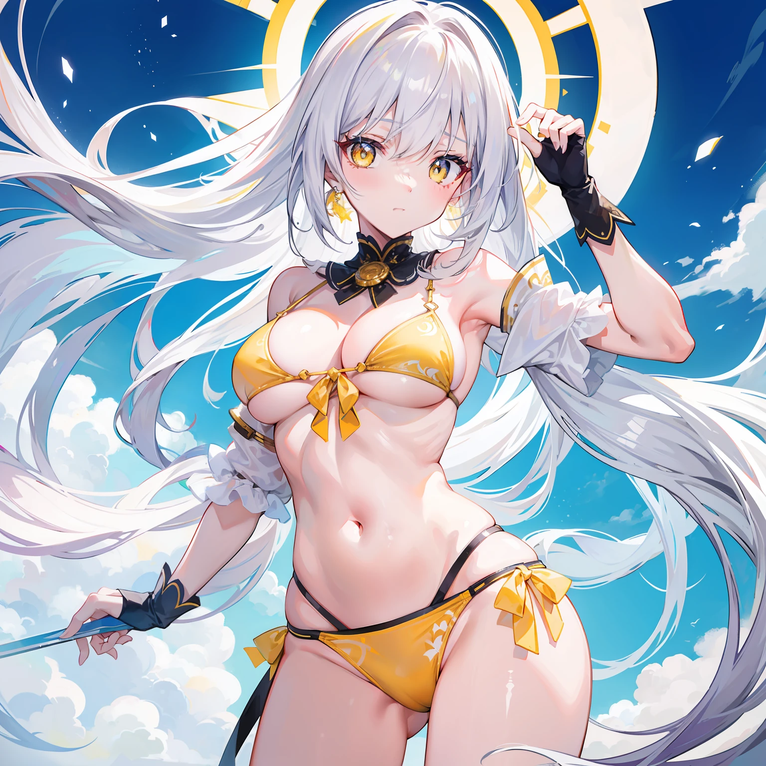 tmasterpiece, High- sharpness, Best quality at best, 1 girl solo,long white hair,Yellow eyes,Bikini swimwear,Bigchest,Shy,Humanity