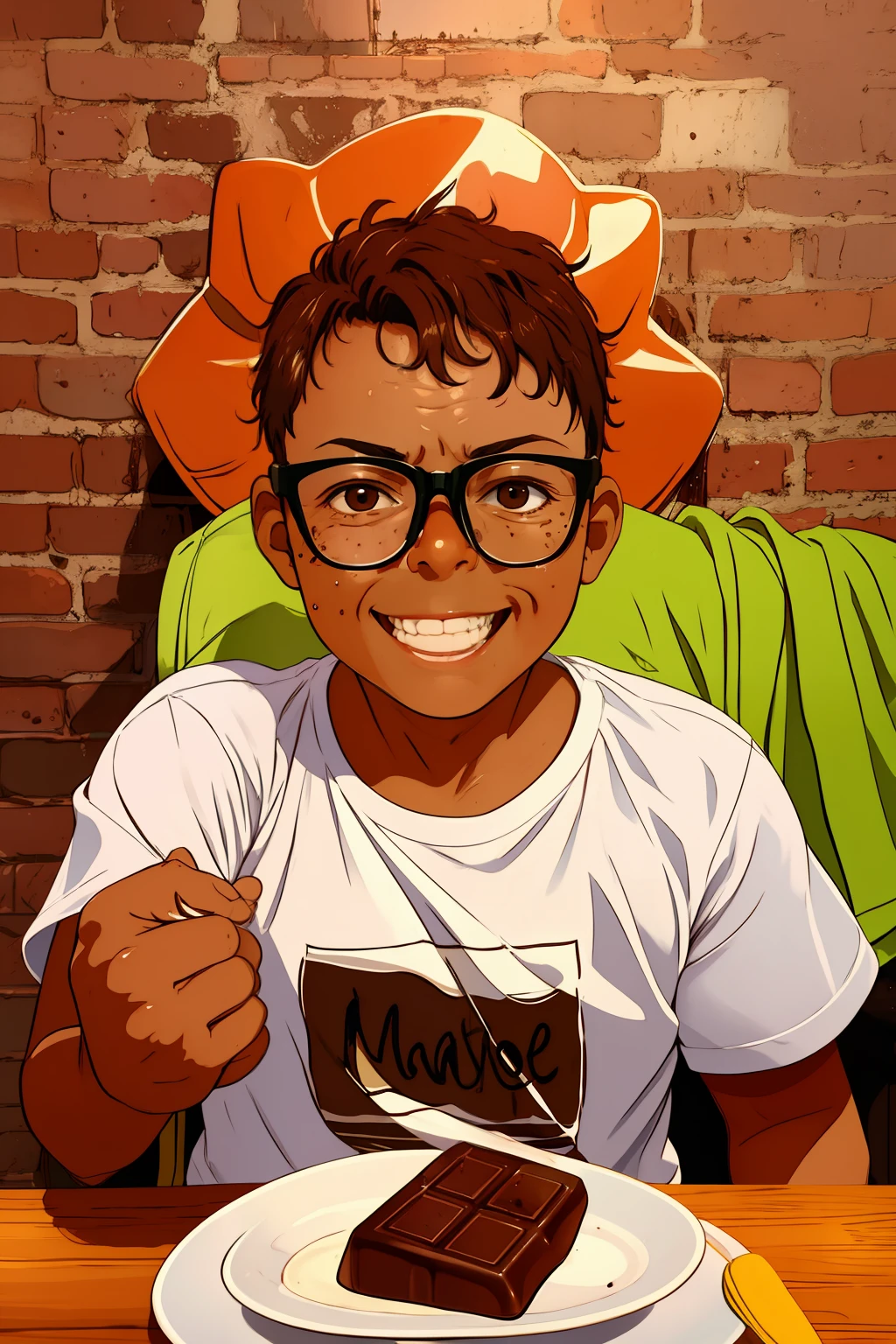 "((best quality)), ((master part)), ((desenhos animados realistas)), ((Personagem perfeito)) - An exciting and playful portrait of a 10-year-old boy wearing glasses, seu ((rosto coberto de chocolate))). The mischievous child is happy indulging in the sweet, criando uma cena encantadora e deliciosa. The image is meticulously detailed, capturing every aspect of the boy's innocent and joyful expression, bem como a textura das (((manchas de chocolate))). Presented in stunning 8K UHD resolution, This realistic and captivating portrait really brings to life the happiness and joviality of the little one enjoying his chocolate adventure."

eyelevel, Scenic, master part