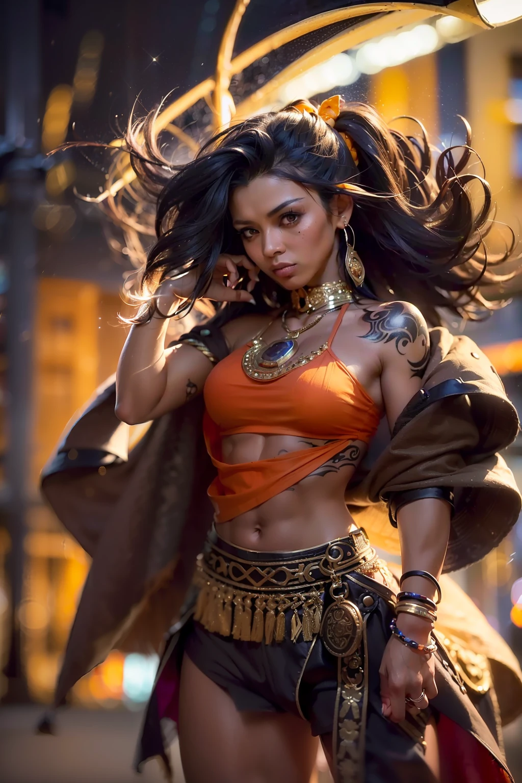 (
(Character: one mexican woman, mystic, brown skin, black medium messy hair, abs)
(Clothing: orange inca poncho, inca pants, amulets, inca tattoos, boots)
(Pose: full body shot:1.7, dynamic pose)
(blurry, intense urban lights in background)
(Style: ((masterpiece:1.5)), (face detailed), photo-realistic:1.3, hyperrealistic, foggy, high contrast, shiny skin, soft lighting, backlighting, bloom, light sparkles, chromatic aberration)