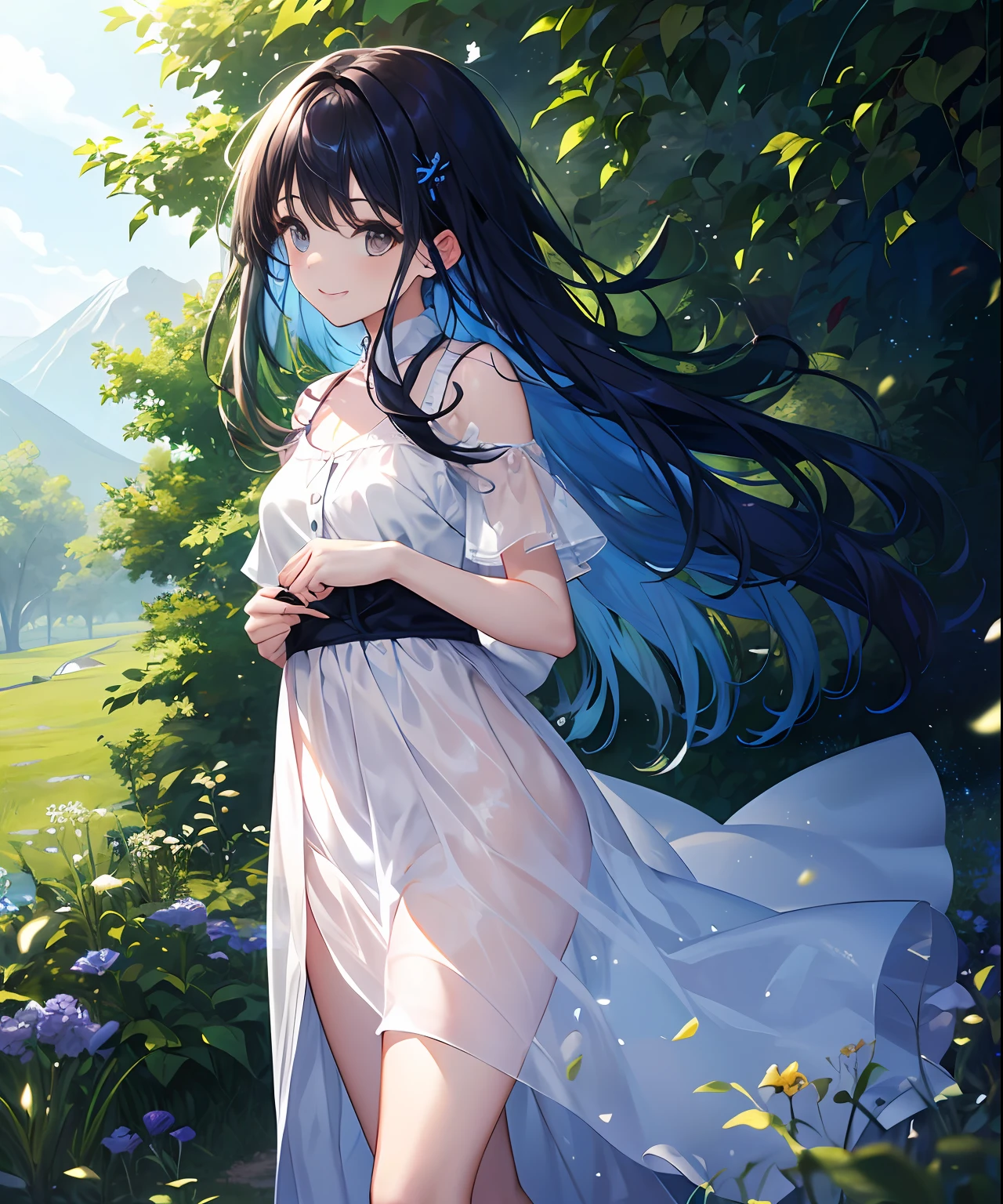 (masterpiece、top-quality)、frontage、独奏、1girl in、lightly dressed、is standing、Hands folded behind your back、amidst nature、A smile、The long-haired、Blue hair、Hair flutters in the wind、with light glowing、Windy、Adult、