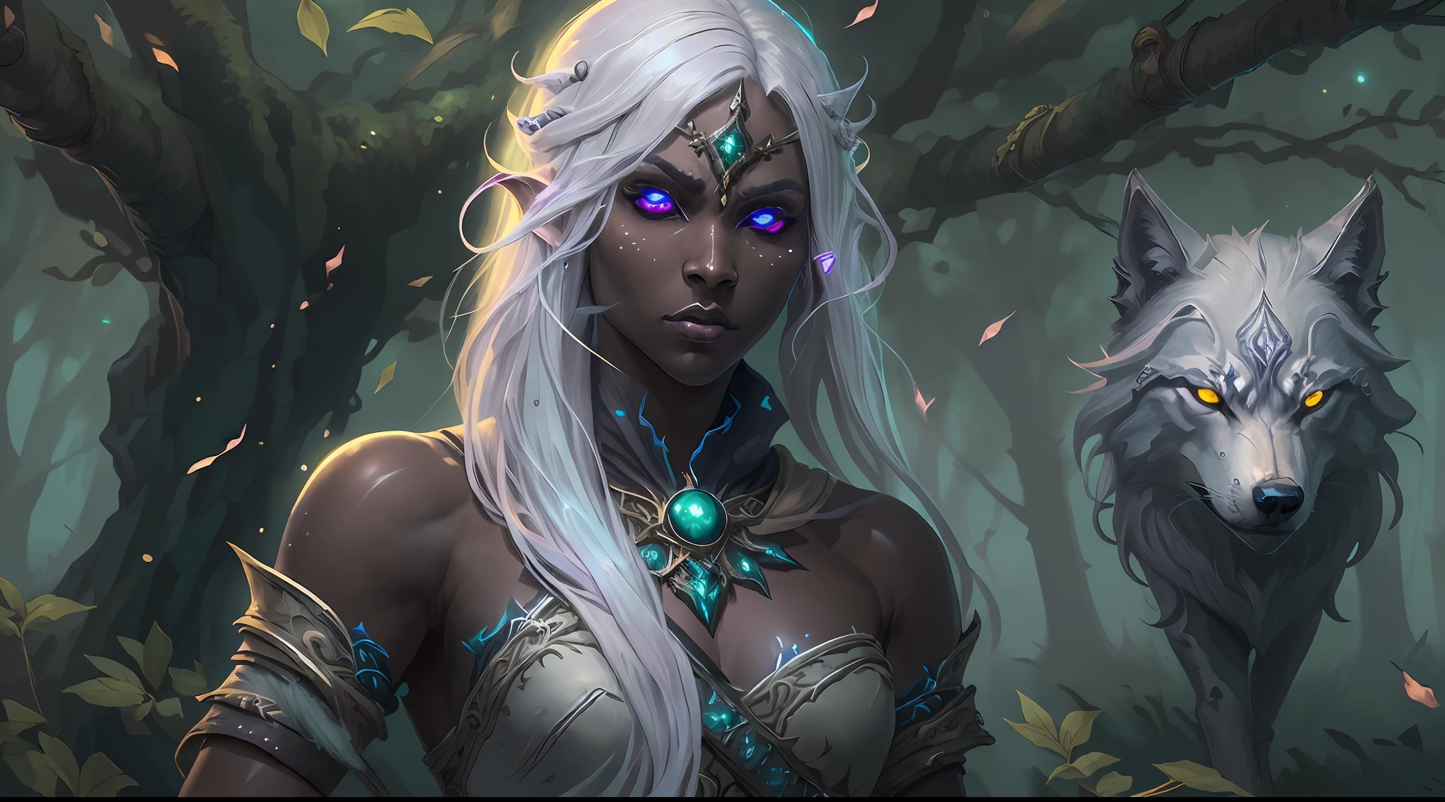 8k, ultra detailed, masterpiece, best quality, high details, best quality, highres, 1080P, 8K, full body, photorealism, anatomically correct, fantasy art, RPG art, epic female dark elf, drow elf (intense details, Masterpiece, best quality: 1.5), epic ranger (intense details, Masterpiece, best quality: 1.5), and her epic wolf companion, extremely beautiful drow elf, female elf (intense details, Masterpiece, best quality: 1.5), ultra detailed face, small pointed ears, black skin, white hair, long hair, braided hair, green eyes (intense details, Masterpiece, best quality: 1.5), intent look, wearing light armor (intense details, Masterpiece, best quality: 1.5), brown armor, wearing black cloak (intense details, Masterpiece, best quality: 1.5),,  armed with long sword (intense details, Masterpiece, best quality: 1.5), high quality, magical sword (intense details, Masterpiece, best quality: 1.5), with magical sigils,  big grey wolf, epic grey wolf, night time, moon light, stars, fantasy dark forest, trees, sense of fear,