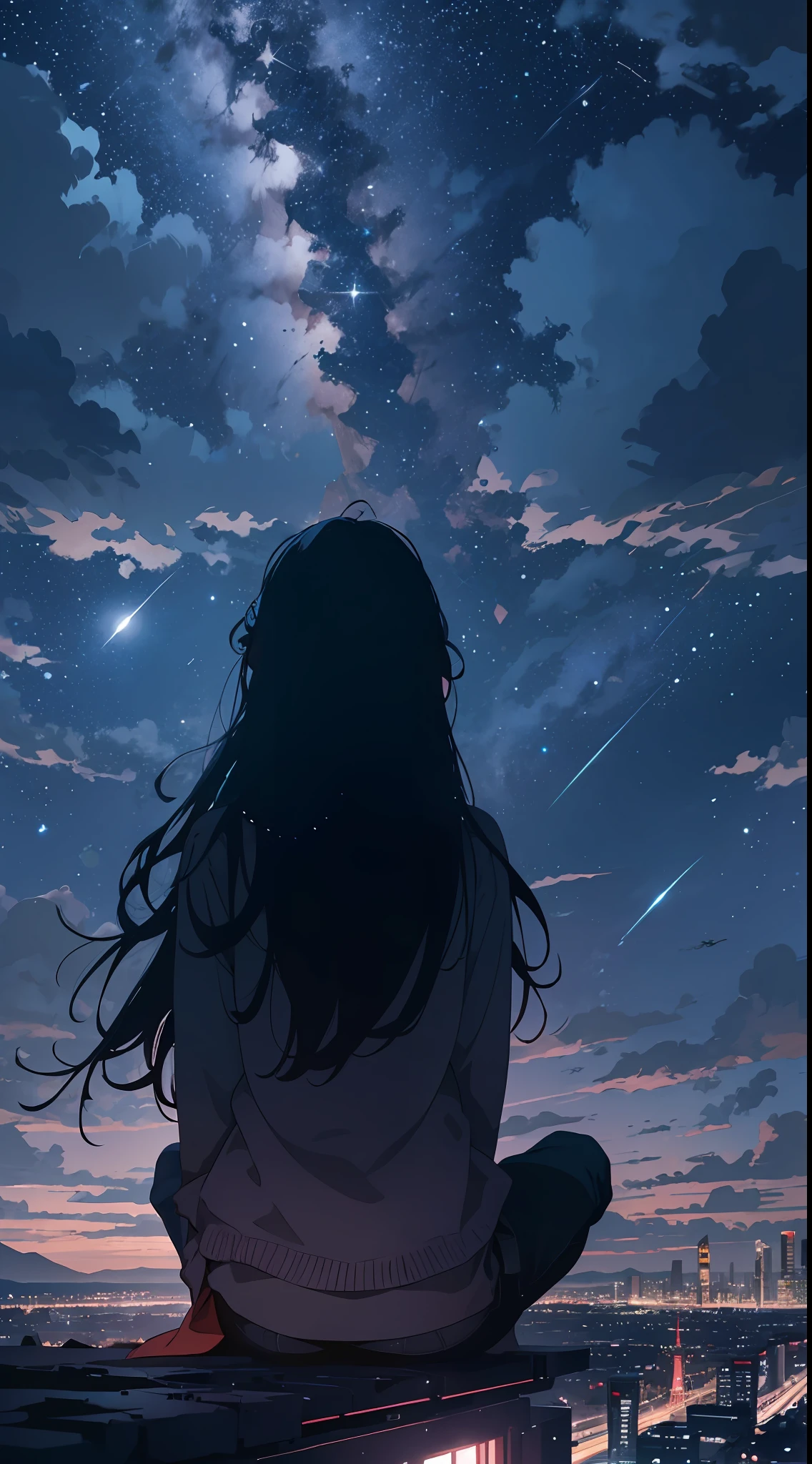 octans, sky, star (sky), scenery, starry sky, night, 1girl, night sky, solo, outdoors, building, cloud, milky way, sitting, tree, long hair, city, silhouette, cityscape