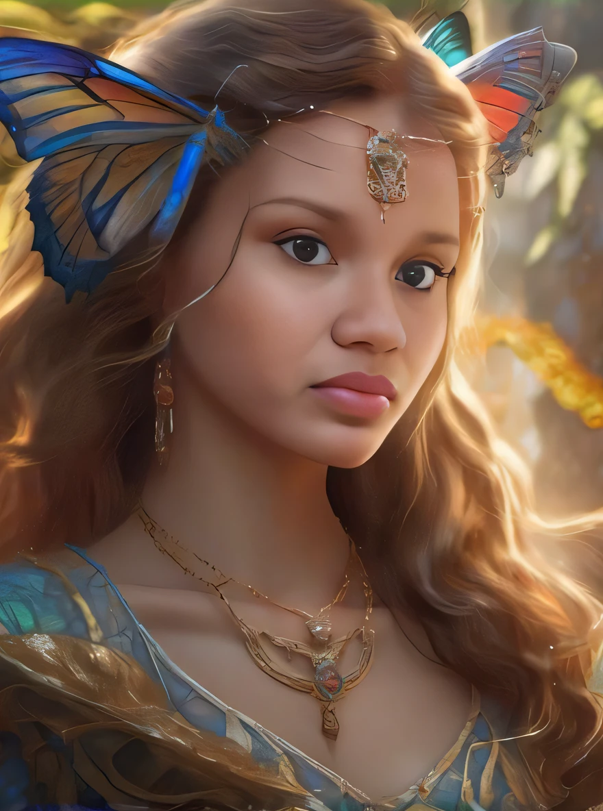 A closeup of a young woman with a butterfly on her head, retrato bonito da arte da fantasia, retrato bonito da fantasia, retrato da arte da fantasia, retrato de fantasia fosco detalhado, retrato da fantasia, retrato de arte conceito de fantasia, arte de fantasia hiperrealista, arte do retrato da fantasia, arte de fantasia realista, Retrato da fada, pintura de fantasia realista, Retrato de uma fada, bela arte de fantasia, fantasy genre portrait