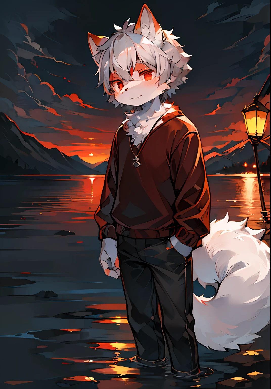 (ambiente dark:0.8),masterpiece,high quality,abstract res,digital painting\(artwork\), by dagasi, yupa,kiyosan,(anthro,fluffy fur,character focus:1.1),anthro male cat,short hair,portrait , eyes with brightness, in a panoramic view, Character focus.(detailedbackground:0.7), 独奏, shaggy, shaggy male, malefocus, anthr,(Full Body Furry, Fluffy tail, White fur, red color eyes, Gray hair:1.2), (long canines，shorter pants：1.2），（external、the night、Lake surface：1.1）