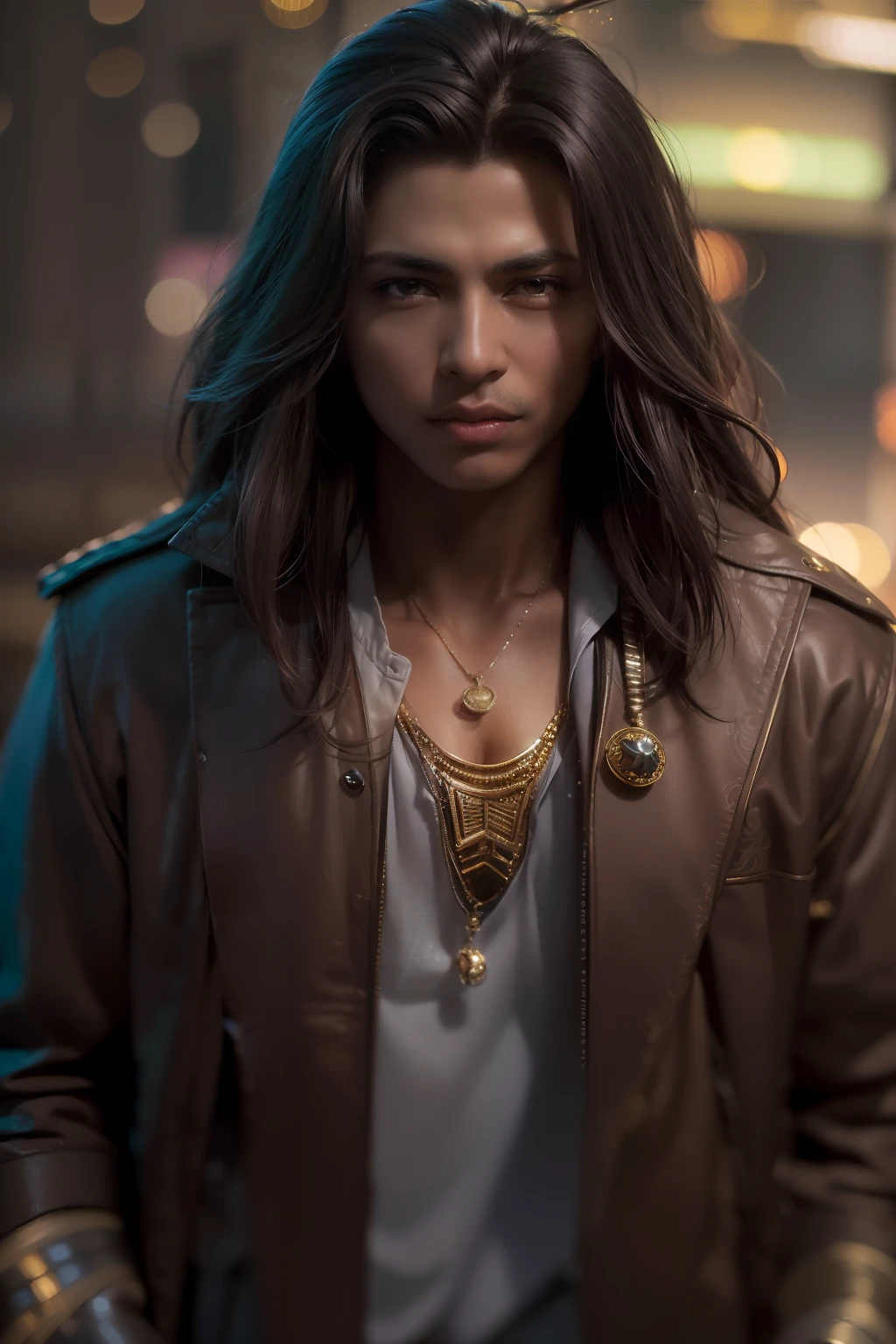 (
(Character: one egyptian man, ocultist, black skin:1.4, long lean hair)
(Clothing: brown jacket, egyptian amulets, egyptian tattoos, boots)
(Pose: upper body shot:1.7, dynamic pose)
(blurry, intense urban lights in background)
(Style: ((masterpiece:1.5)), (face detailed), photo-realistic:1.3, hyperrealistic, foggy, high contrast, shiny skin, soft lighting, backlighting, bloom, light sparkles, chromatic aberration)