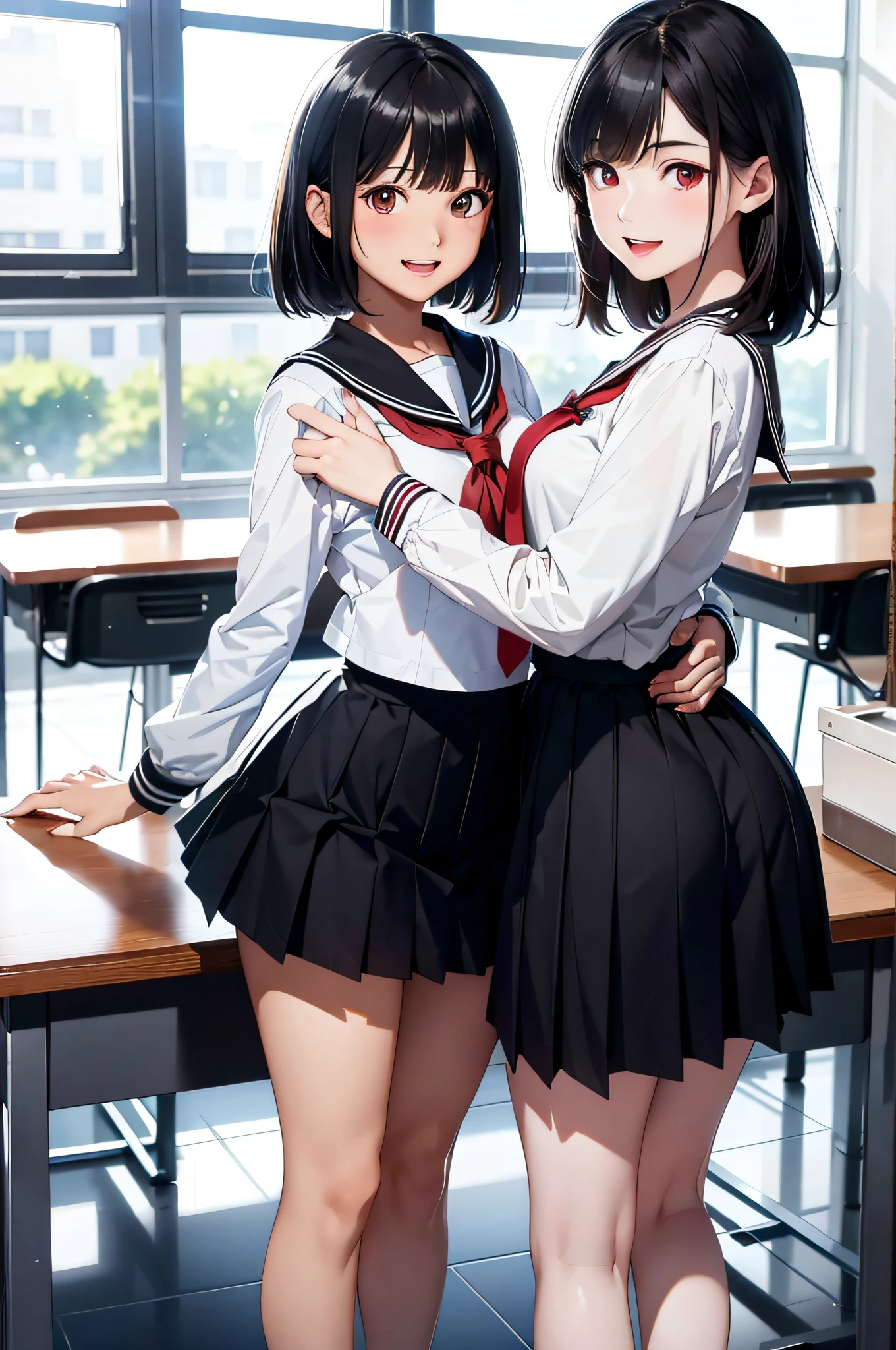 (top-quality、in 8K、32K、​masterpiece、nffsw、超A high resolution、Impresionismo、Photorealsitic:1.2)、Full body, Inside the classroom、Schools、Evening glow、beauitful face、blurry backround、16-year-old beautiful girl、shinny skin、short-hair、Beautiful black hair、Red Eyes、(Katyusha:1.2)、a sailor suit、Pleated miniskirt、Curve、dynamicposes、Smile with open mouth、Two girls