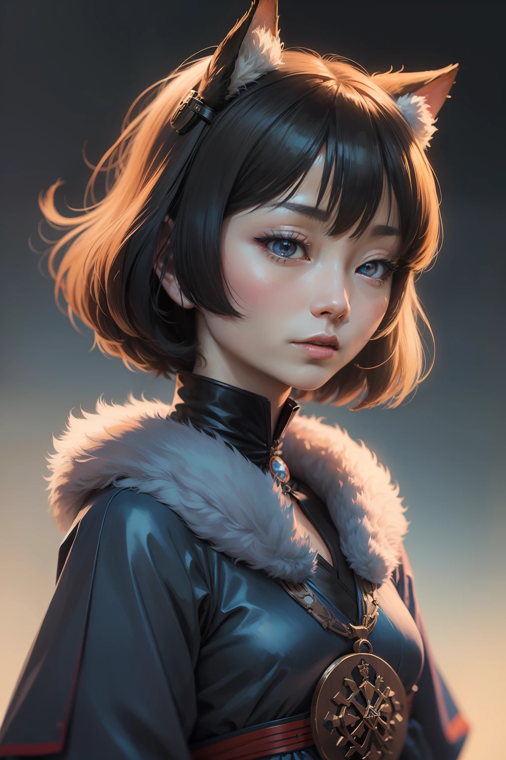 Alafed woman with fur collar and blue top, inspired by Yuko Tatsushima, anime portrait of shiina ringo, Inspired by Chizuko Yoshida, inspired by Takehisa Yumeji, inspired by Nara Yoshitomo, inspired by Fuyuko Matsui, anime style portrait, lofi portrait, stylized portrait