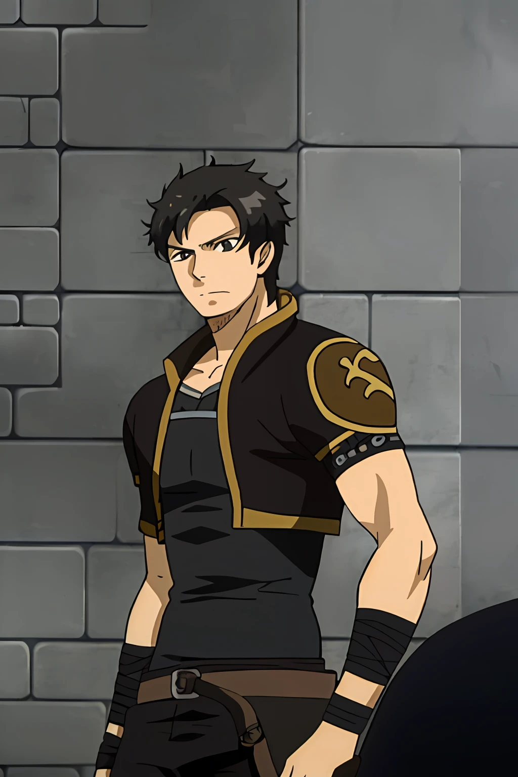 Estilo de Arte de Anime, Nome: Kieran Blackthorn

Description: Kieran Blackthorn is a formidable 30-year-old warrior, with an imposing presence and intense eyes that reflect his unwavering determination. He is known for his martial arts prowess and sword fighting skills.