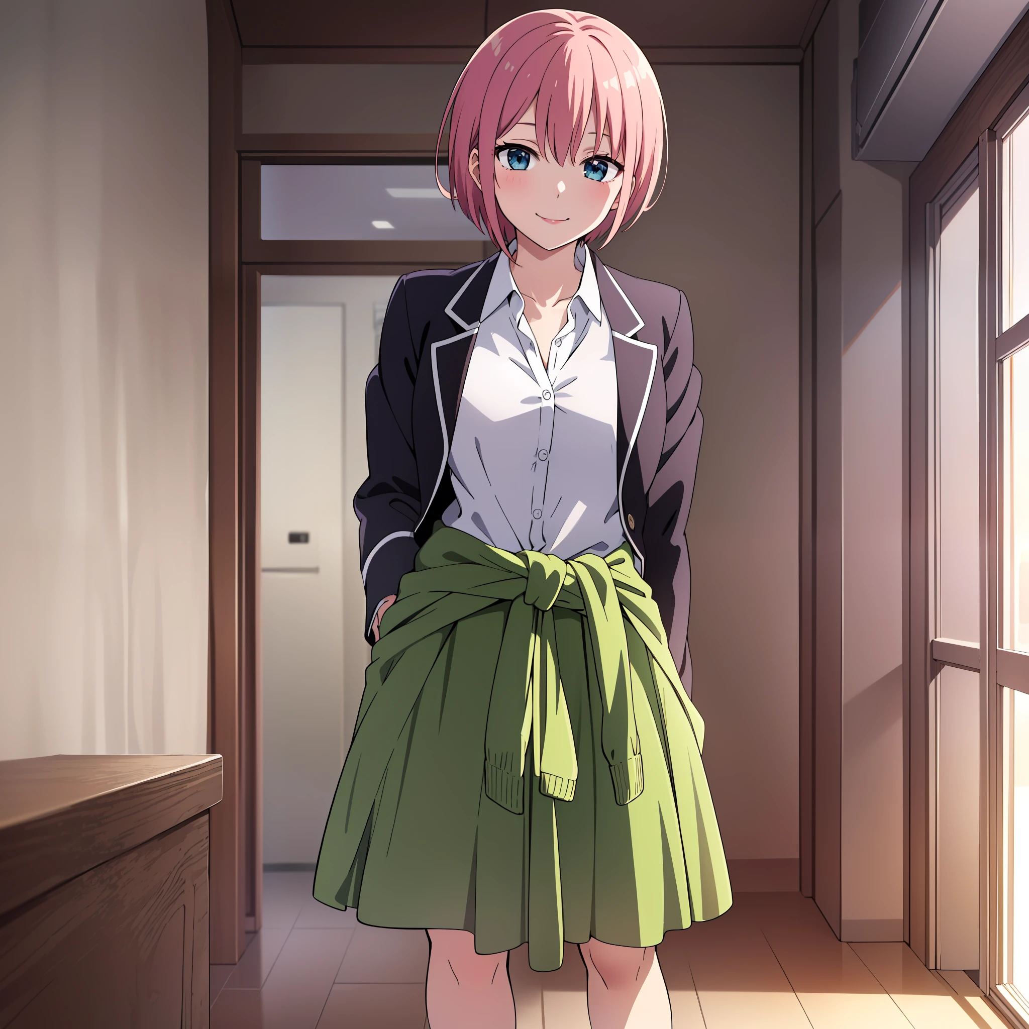 masterpiece, best quality, anime, highly detailed, 1girl, solo, full body, nakano ichika, pink hair, short hair, cardigan around waist, blazer, collared shirt, green skirt, standing, straight-on, smile, white background, simple background