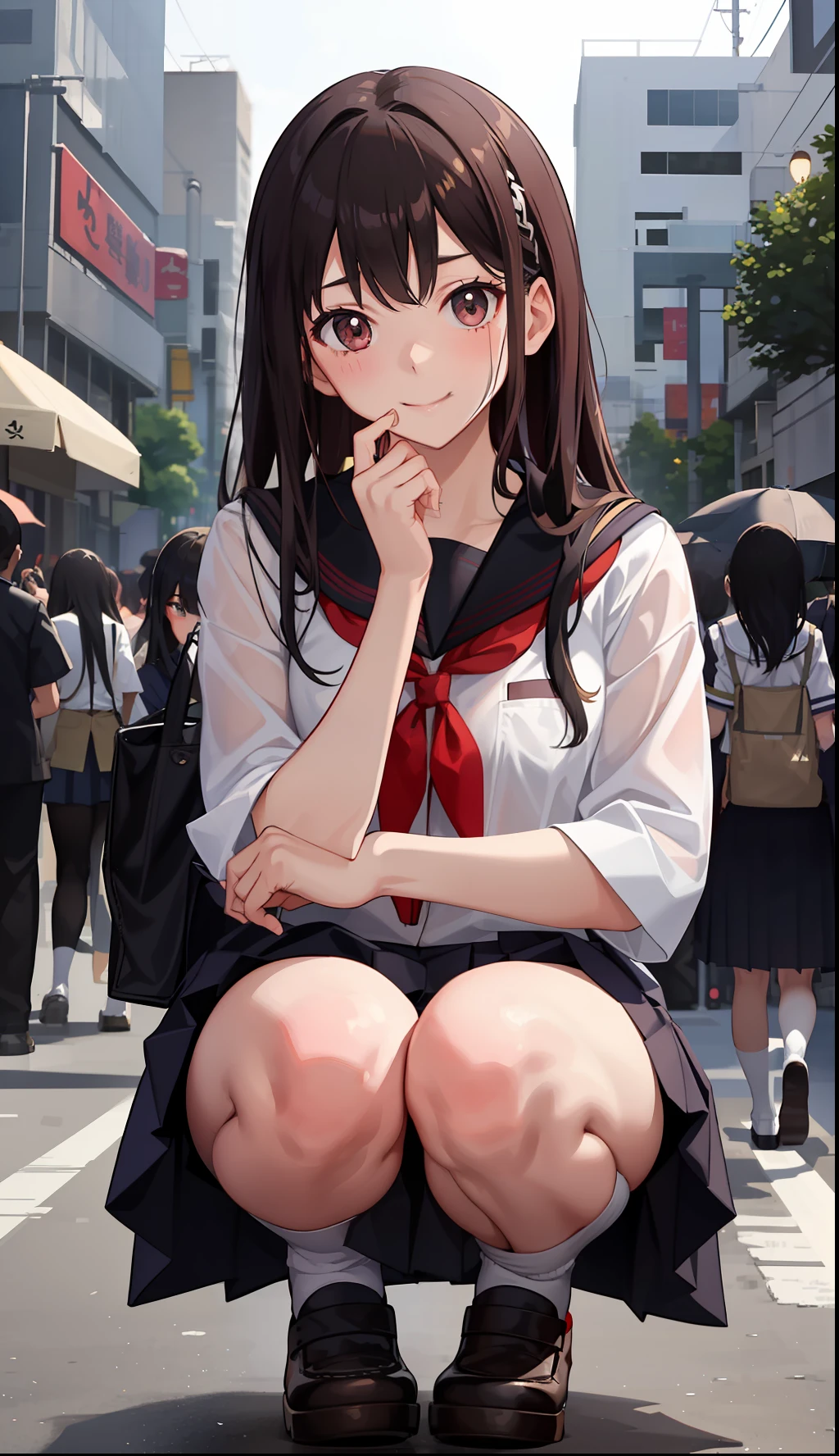 1girl in、A smile、The shirt、skirt by the、（small tits）Chilarism、Japan High School Student Uniform、serafuku、summer clothing、Squall Drenched Uniform、（Sheer Bra）、Upper body portrait、light cream hair、Squatting panchira、