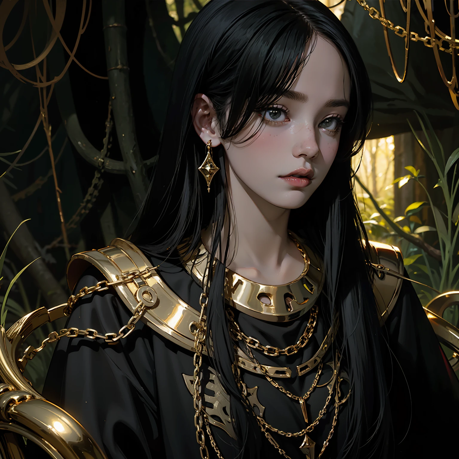 Arafeed woman with long black hair and a gold glitter necklace in a dark forest, in style of dark fantasy art, dark fantasy style art, Dark fantasy portrait, dark fantasy illustration, dark fantasy digital art, Character art by Charlie Bowater, ((background dark))
