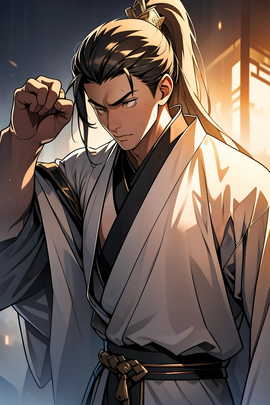 quadratic element,style of anime,mtu(Male Warrior),The proportions are correct,Face details,swordsmen,High ponytail hairstyle,Neck details,There is an Adam's apple,Black Hanfu,kaftan,Embroidered robes,Black robe,clothes details,Handing over,longer sleeves,Game quality,Swordsmanship,Light and shadow tracking,Ray traching,detailed glow,cg render,hair detail,long white hair,Black eyes,Handsome,Handsome,(juvenile sense),Clothing is complicated,Perfectcomposition,Refinement,high qulity,higher details,Lots of details,The background is complex,a sense of atmosphere,