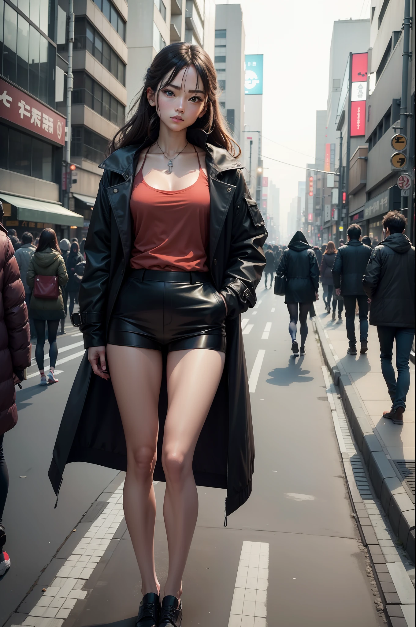 8k,RAW photogr,Large chest,wind coat,No pants,Fair long legs,best qualtiy,tmasterpiece,(realisticlying,photo-realistic:1.37),(Look at the audience:1.331),posing on a,street Tokyo,one-girl,moyou