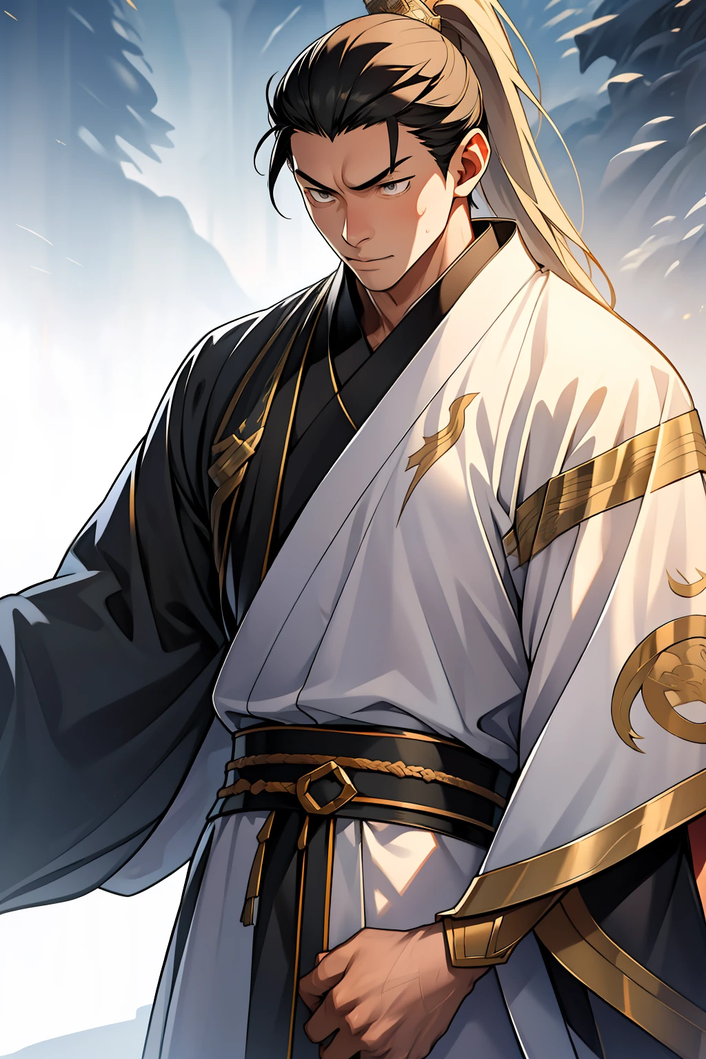 quadratic element，style of anime，mtu（Male Warrior），The proportions are correct，Face details，swordsmen，High ponytail hairstyle，Neck details，There is an Adam's apple，Black Hanfu，kaftan，Embroidered robes，Black robe，clothes details，Handing over，longer sleeves，Game quality，Swordsmanship，Light and shadow tracking，Ray traching，detailed glow，cg render，hair detail，long  white hair，Black eyes，Handsome，Handsome，（juvenile sense），Clothing is complicated，Perfectcomposition，Refinement，high qulity，higher details，Lots of details，The background is complex，a sense of atmosphere，