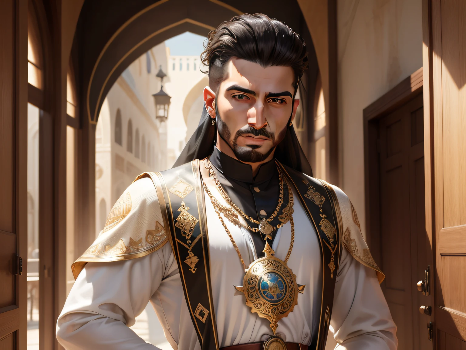 Create the face of an Arab man, jovem, pele sofrida, ultra realista, caminhando dentro de uma cidadela antiga, tunic.