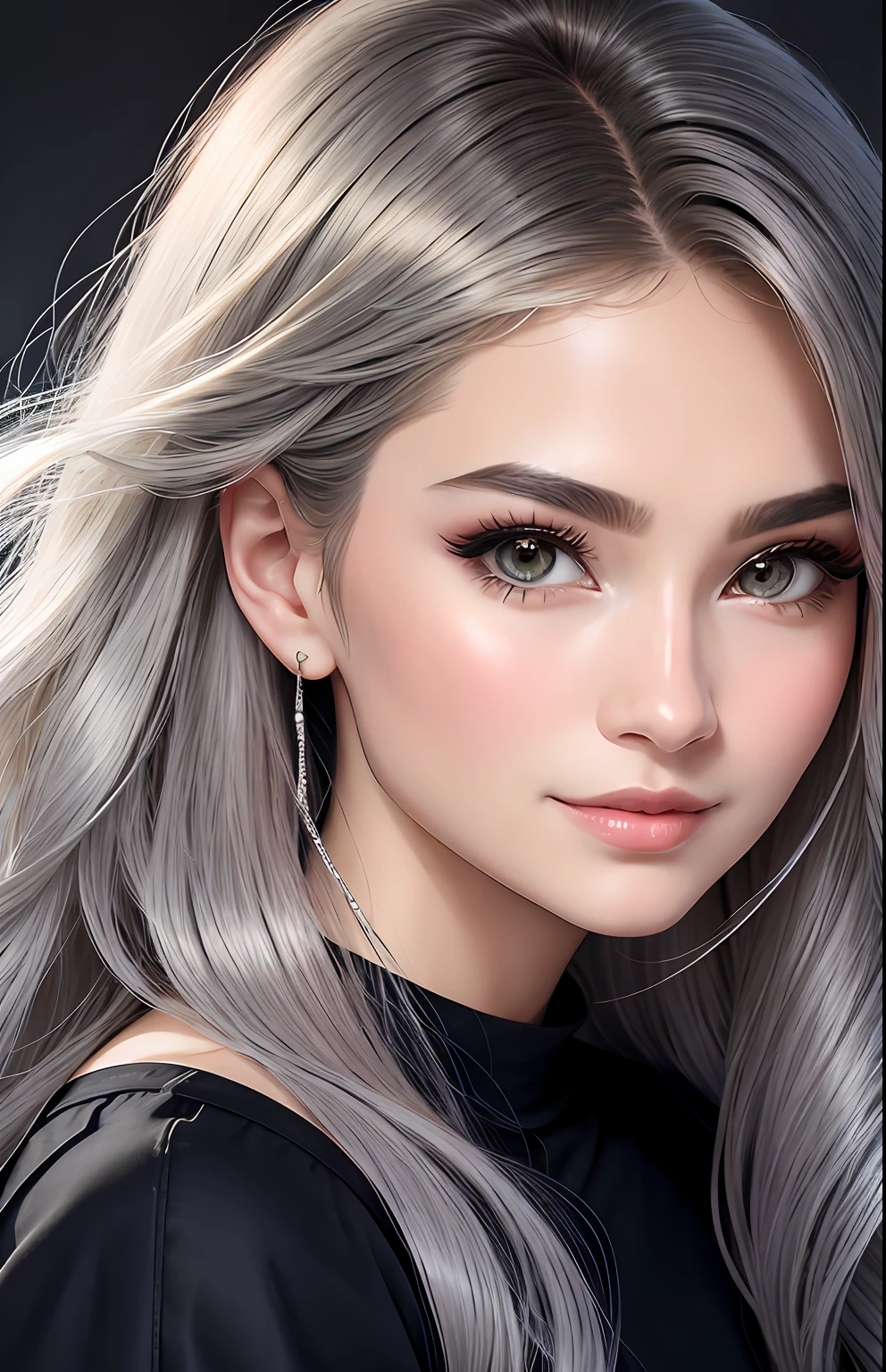 animesque、portraitures、One Person２０age、Pretty Woman、Moisturized eyes、Casual clothing、a picture、oval jaw、beautiful countenance、The hair、Silver and black eyes with beautiful shine,,、LDS Art