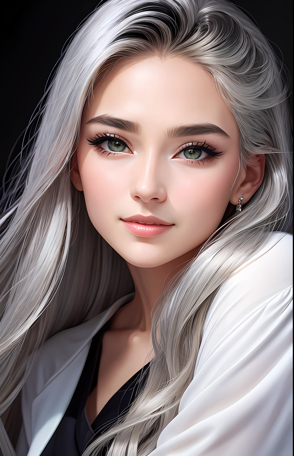 animesque、portraitures、One Person２０age、Pretty Woman、Moisturized eyes、Casual clothing、a picture、oval jaw、beautiful countenance、The hair、Silver and black eyes with beautiful shine,,、LDS Art
