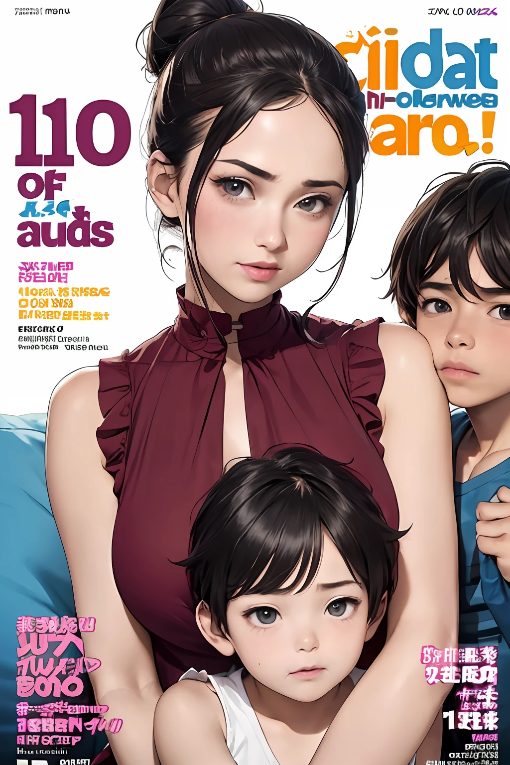 (colorful adult Magazine cover with lots of text)，(close-up:1.2)，pajamas， 1girl，Grasp by hand，(mother and son:1.5)，(kiss:1.2)，(A ten-year-old boy:1.4)，(hug)，(1boys:1.6)，{26-year-old lactating woman},drunken eyes,Side Chest,open at the chest,disproportionate breasts, Nipples standing up,sweat,((Sleeveless,sensual low-necked , open neckline:1.3)),{hairbuns，Women's hairstyle}, (areola:1.4)，Ultra-fine face, detailed eye, Double-fold eyelids，ssmile，pervert