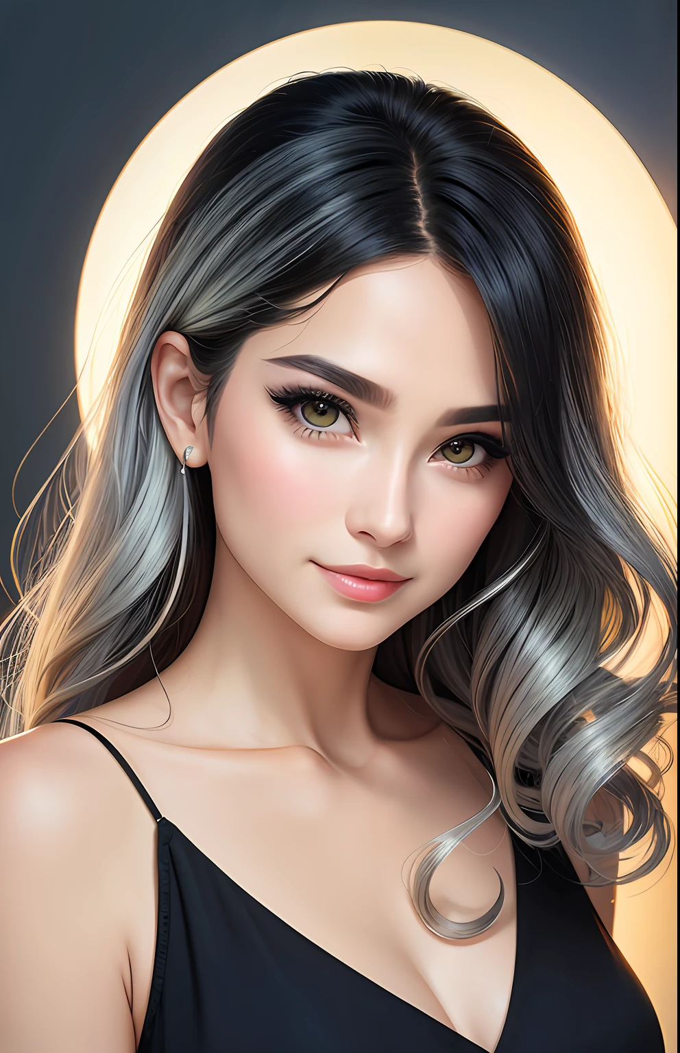 animesque、portraitures、One Person20age、Pretty Woman、Moisturized eyes、Casual clothing、a picture、oval jaw、beautiful countenance、The hair、Silver and black eyes with beautiful shine,,、LDS Art