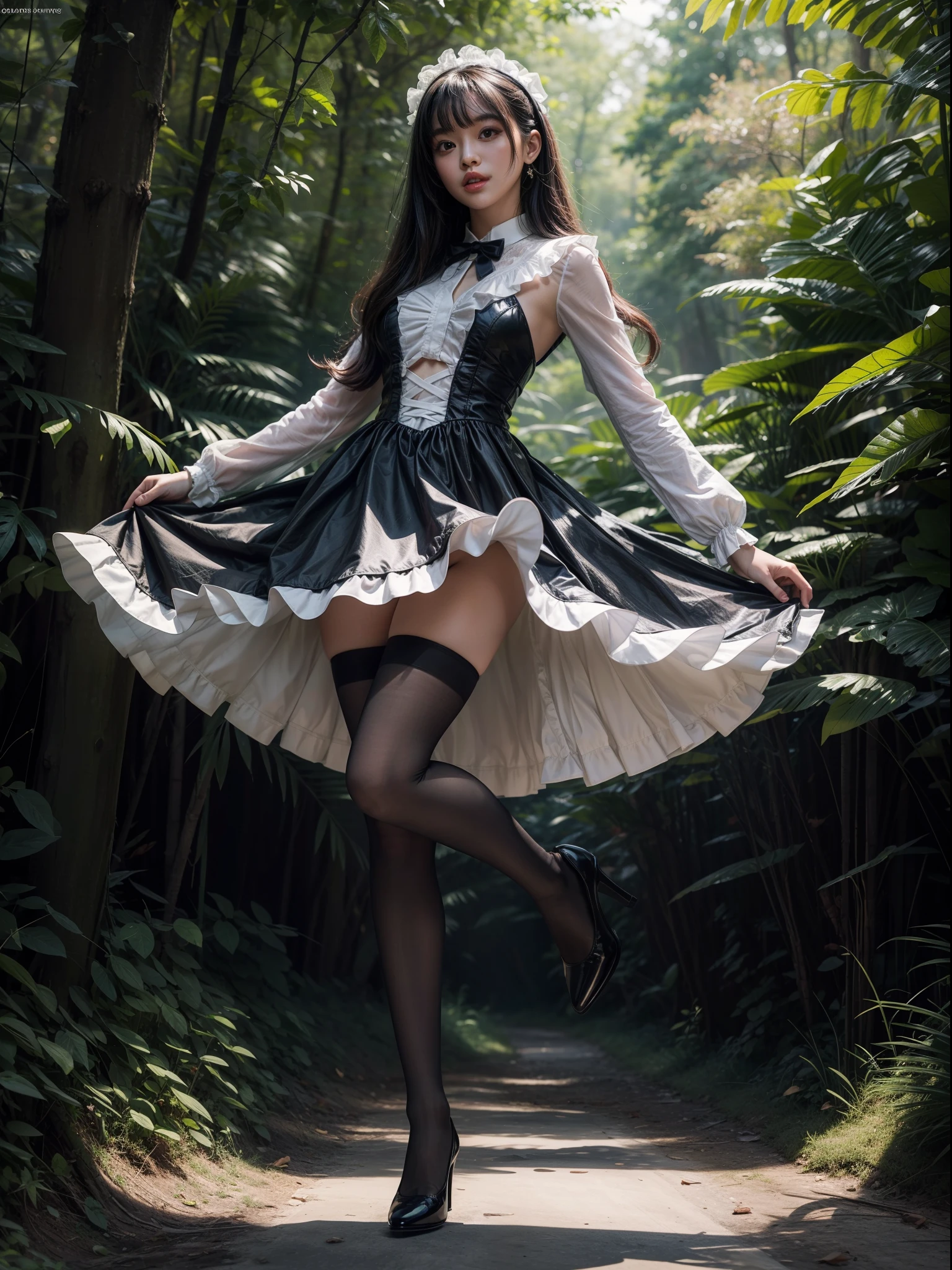 Splitting characters is prohibited，(Full body shot:1.3), Must show your face, anatomy correct, Dance on the depths of the forest，The breath of nature，Polished pointed-toe heels must be worn,Stocking tights are mandatory， Colorful Lolita dress， A shallow laugh, Complex and diverse backgrounds，Strangling effect,hyper HD, Ray traching, structurally correct, Award-Awarded, high detal, lightand shade contrast, Face lighting，cinmatic lighting, tmasterpiece, super detailing, high high quality, high detal, best qualityer, 16