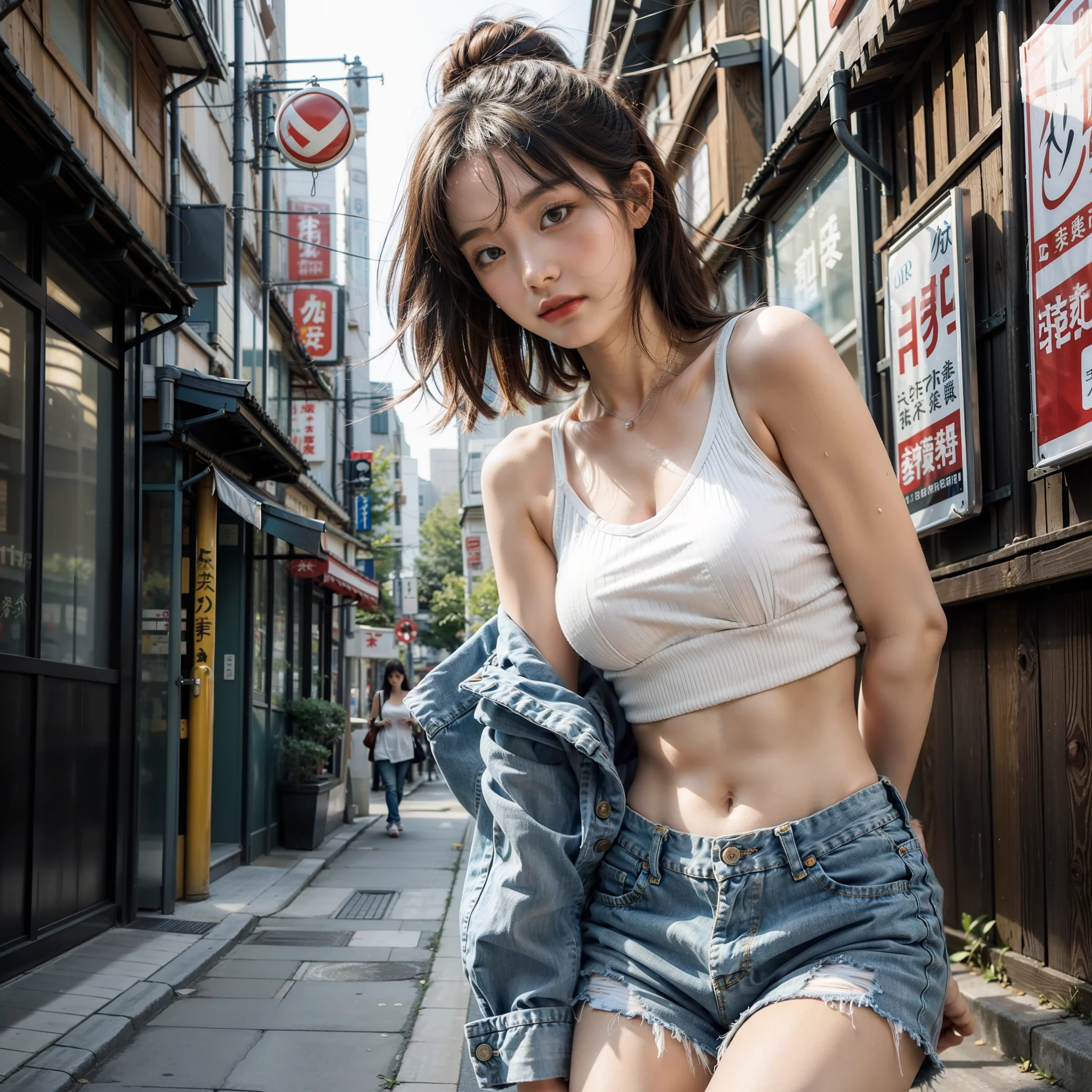 masterpiece1.3，High Picture Quality，detailed detail，Shishi Japan of Girls，Street photo，Sky blue ripped jeans，white camisole，No bra，Delicate legs，Leaky stomach，Leaky shoulders，