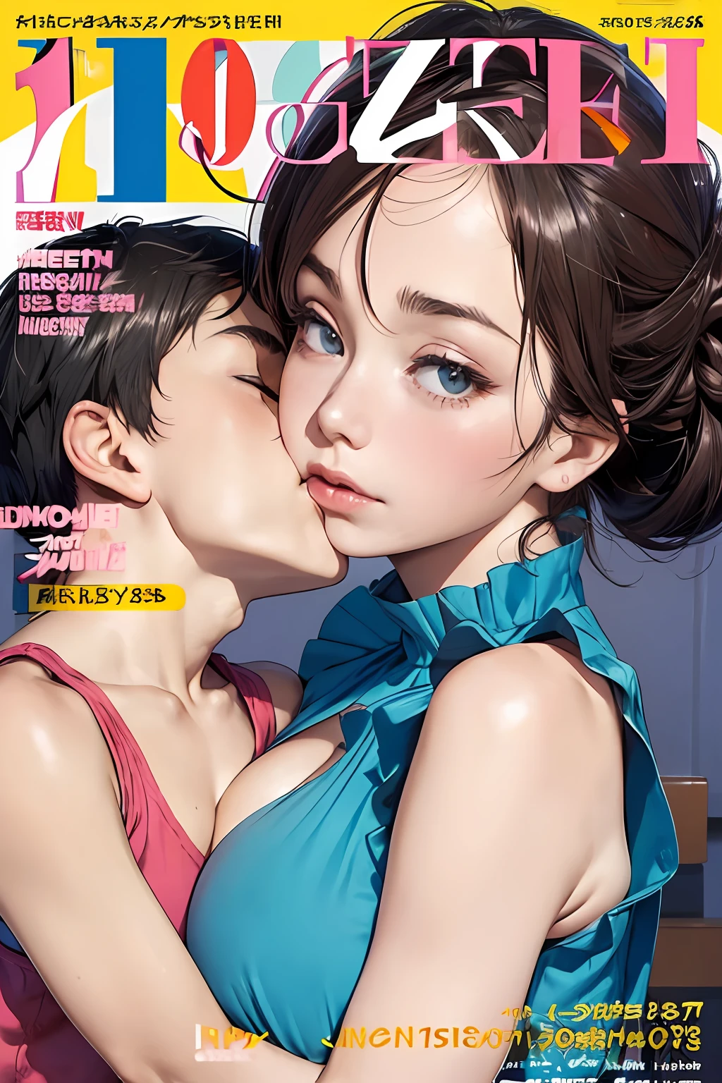 (colorful adult Magazine cover with lots of text)，(close-up:1.2)，pajamas， 1girl，Grasp by hand，(mother and son:1.5)，(kiss:1.2)，(A ten-year-old boy:1.4)，(hug)，(1boys:1.6)，{26-year-old lactating woman},drunken eyes,Side Chest,open at the chest,disproportionate breasts, Nipples standing up,sweat,((Sleeveless,sensual low-necked , open neckline:1.3)),{hairbuns，Women's hairstyle}, (areola:1.4)，Ultra-fine face, detailed eye, Double-fold eyelids，ssmile，pervert