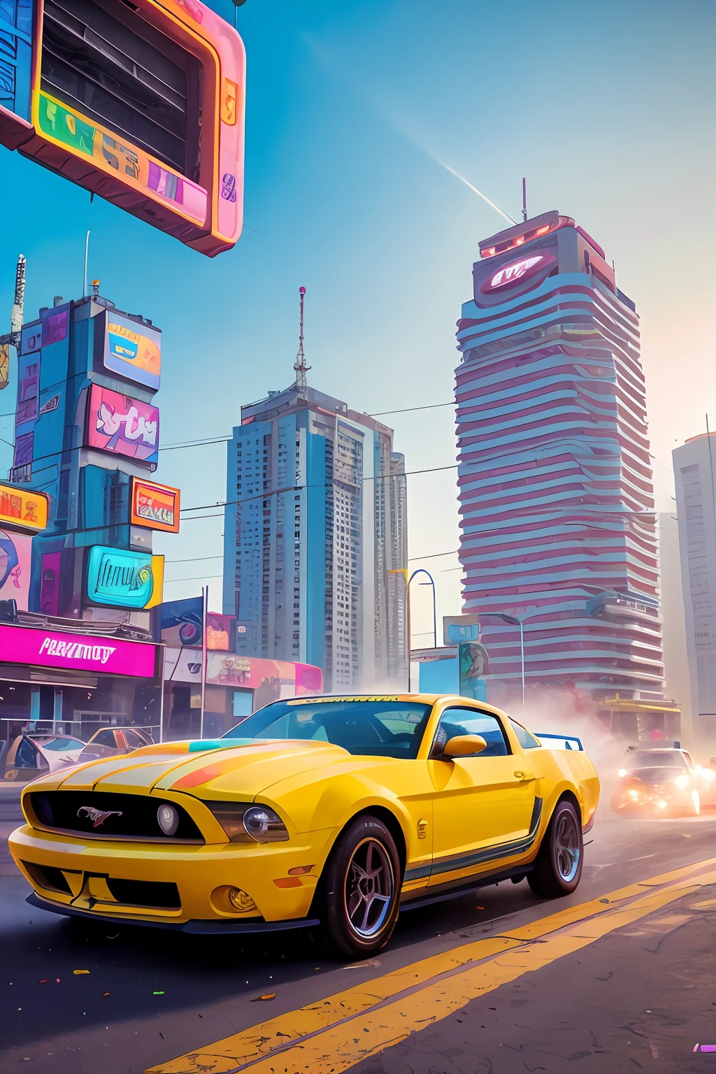 sunny day bright beautiful overcast sky sunset ford mustang running down cyberpunk city streets of mimica neon signs and crowds confetti debris dust wind fog volumetric exciting epic action camera, (obra-prima: 1.2) (fotorrealista: 1.2) (bokeh) (melhor qualidade) (pele detalhada ) (intricado) (8k) (HDR) (cinematic lighthing) (foco nítido)