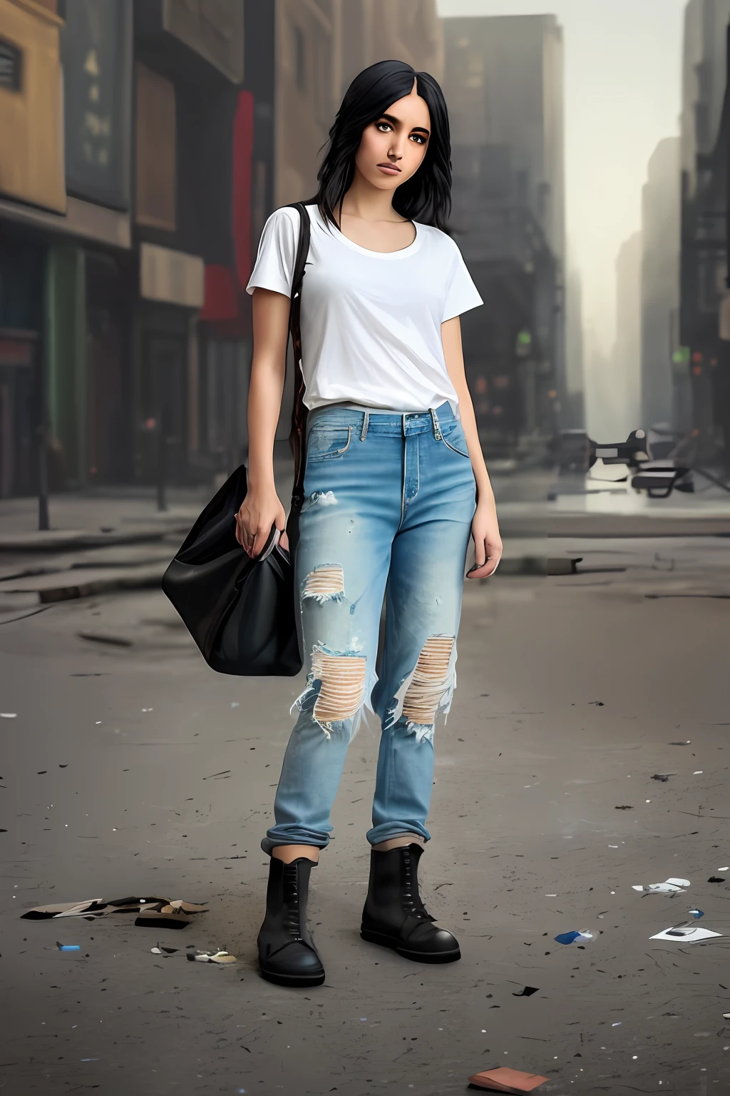 Stunning middle eastern young woman 24 years, standing style, wearing white dirtful basic tee-shirt, white dirty full length baggy tee-shirt, with torn skinny jeans, dirty blue tight jeans, ankle boots, black hair's, beautiful 24 year old Arabian girl, fashion shoot, analog style, masterpiece, 8k, uhd, hdr, dslr, high quality, film grain, Fujifilm XT3, soft lighting, ring light, studio lighting, dark shadows, Wide angle Environmental shot, raw digital landscape photo of a
desolate post apocalyptic city, crumbling buildings, trash, litter, lifeless, movie poster, cinematic, movie still,
trending on artstation, sharp focus, studio photo, intricate details, highly detailed, by greg rutkowski and frank frazetta