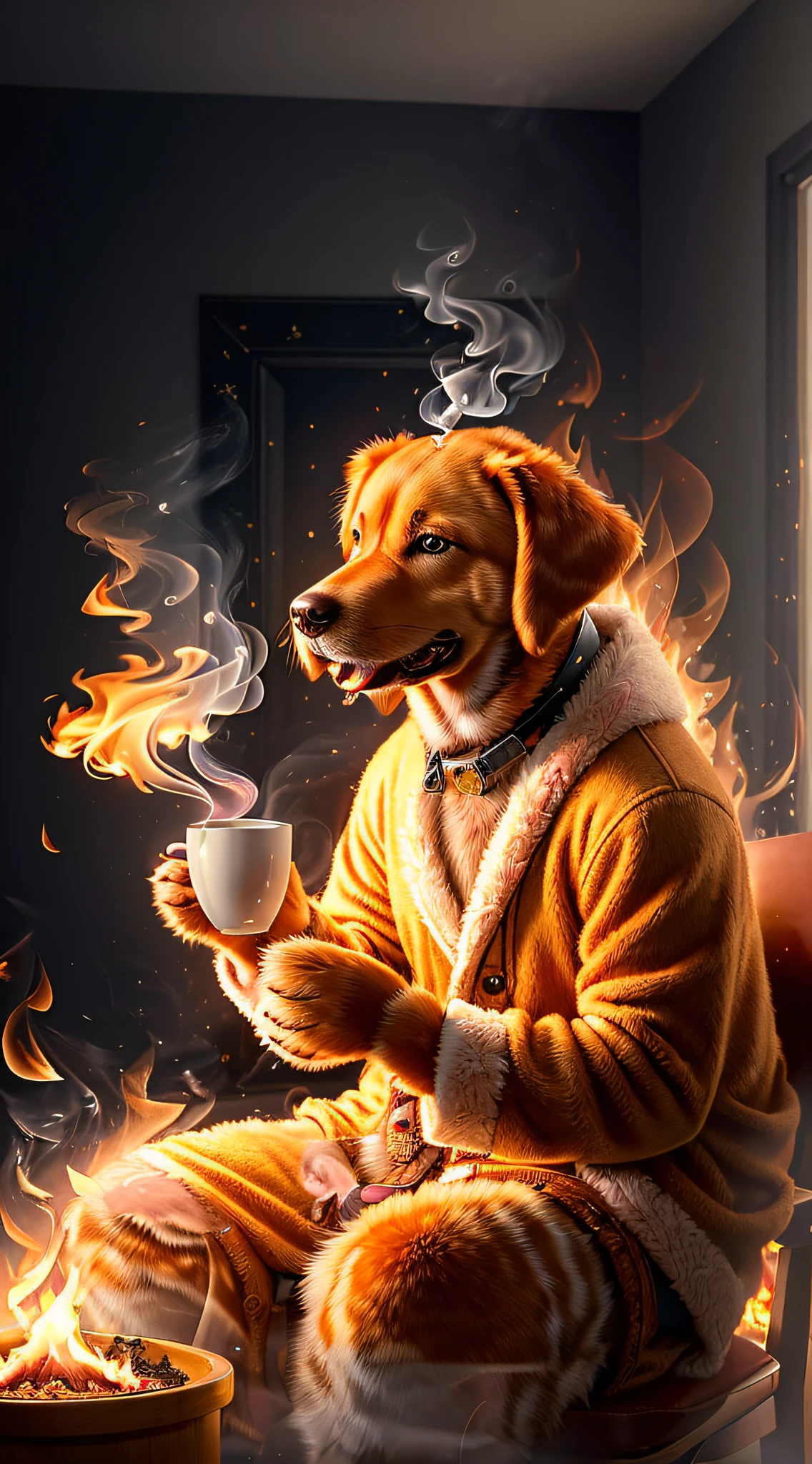 (best quality:1.23), (masterpiece:1.12), (realistic:1.24), (anthropomorphic dog:1.5) holding a coffee cup, sitting, in a robe, eating breakfast and holding a coffee cup, hat, particles, volumetric lighting, room burn down, ground and chair on fire, lots of gadgets and equipment on fire, smoke, (flames all around:1.2),