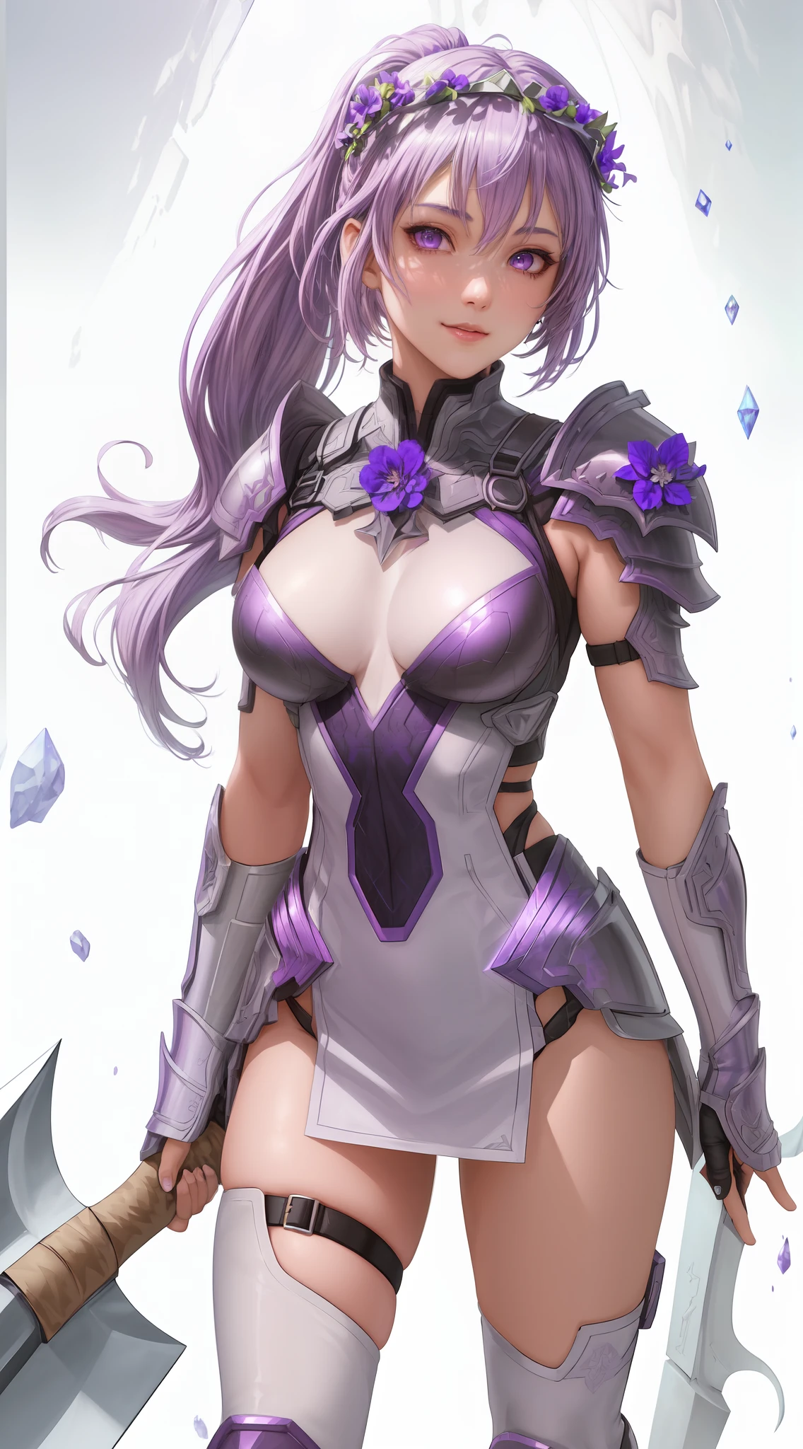 Complete art masterpiece, high quality, ultra detailed in 4k, 8k, high resolution, hyper-realistic photo, hyper-detailed, realistic skin texture, black background, extremely detailed texture, perfect lighting, high-level image quality." A female heroine, ((best quality)), ((highly detailed)), masterpiece, ((official art)), (detailed eyes, deep eyes, glowing eyes, purple eyes), (1girl:1.33, solo), gray brown leather armor , (happy look), (smile), (light purple hair, beautiful short hair, bob hair, side ponytail), (Fair skin, light purple hair, Japanese, outlined eyes, outlined face, gloves, Full body), wearing a brown one-piece leather armor, leather skirt, leather shoulder pads, growing axe, bright silver axe, leaning on a knee on the ground, (light purple anime hair style), anime style , 2.5D art, boots, (huge axe), (beautiful flower crown), oil on matte canvas, sharp details, the expanse scifi spacescape ceres colony, intricate, highly detailed, digital painting, rich color, smooth, sharp focus, illustration, Unreal Engine 5, 8K, art by art, germ and greg rutkowski, Wallpaper (hyper realistic, detailed), flawless face, ultra definition FULL HD 8K, perfect silhouette well defined medium breasts, killer butt, wearing cosplay costume, , (standing), (holding axe on one hand) , (absurd res, absolutely resolution, incredibly absurdres, highres, reflection, refraction:1.4, ultra detailed:1.0, official art, unity 8k wallpaper:1.3), (beautiful face, beautiful eyes, shiny skin, oily skin:1.3), (collage art, (mixed media):1.2, layered textures, diverse materials, unexpected combinations, creative exploration, vibrant composition:1.1), (face focus, extreme close-up face:1.3), (weapon, purple eyes, solo, long purple side ponytail hair, axe, holding, holding weapon, gauntlets, holding axe, looking at viewer, shoulder armor, stand, (axe), (dark purple floral crown), (dark purple flower crown), light gray hair, long light purple ponytail on shoulder, (flower crown), paladin armor
