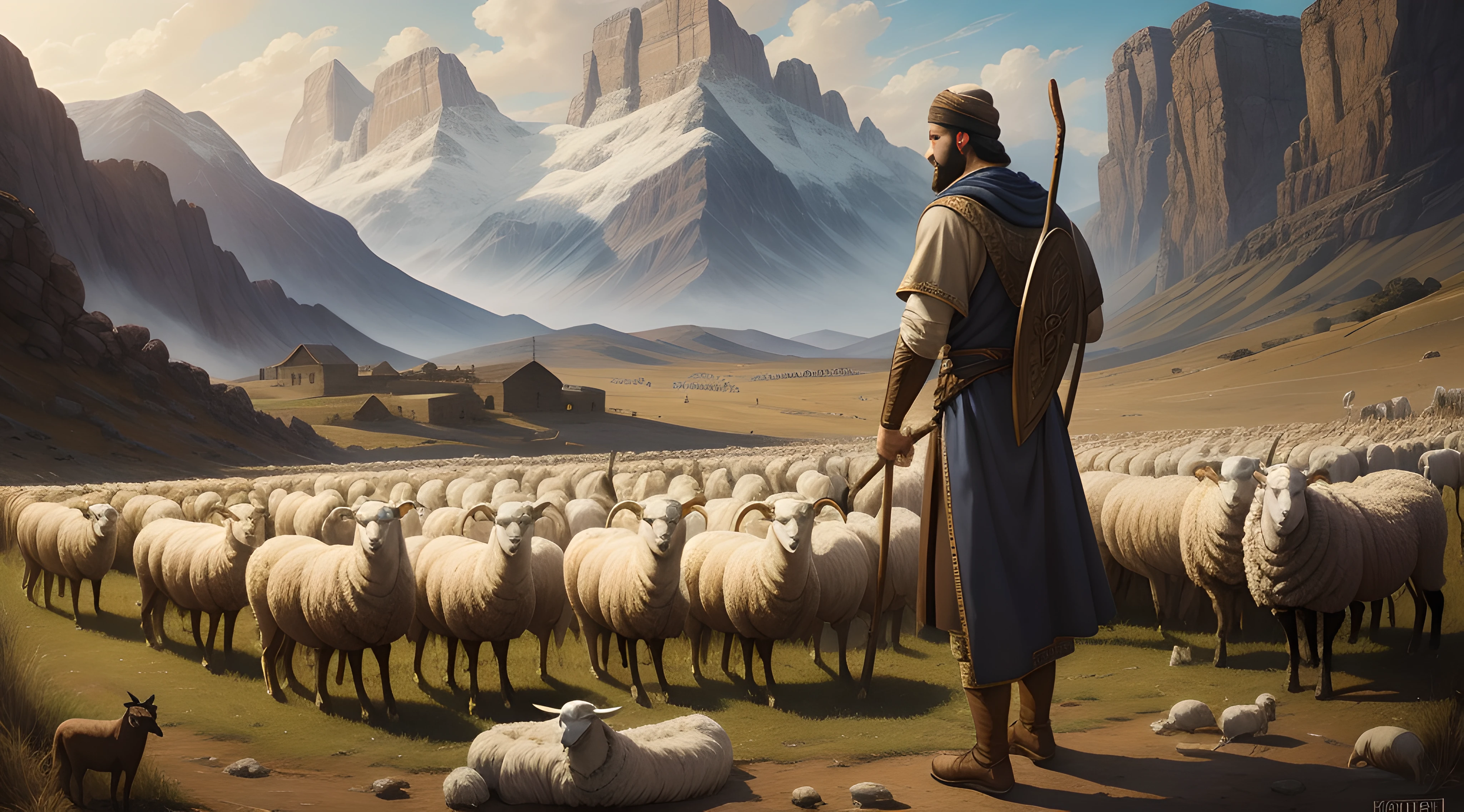 arafed shepherd with a staff and a flock of sheep, bible illustration, biblical art style, epic biblical depiction, biblical clothing, by Karel Stech, by joseph binder, biblical art, by Vladimír Vašíček, by Joseph Henderson, biblical painting, moses, biblical image, an arab standing watching over