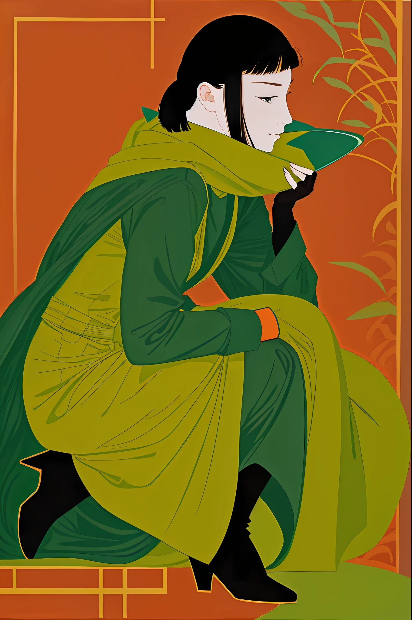 1girl in, Vector art, flat-colors, pop-art, Pattern, city scenery, bob cuts, Full body, Squatting, lofi color, (Hiperov), (masutepiece,Best Quality:1.5)