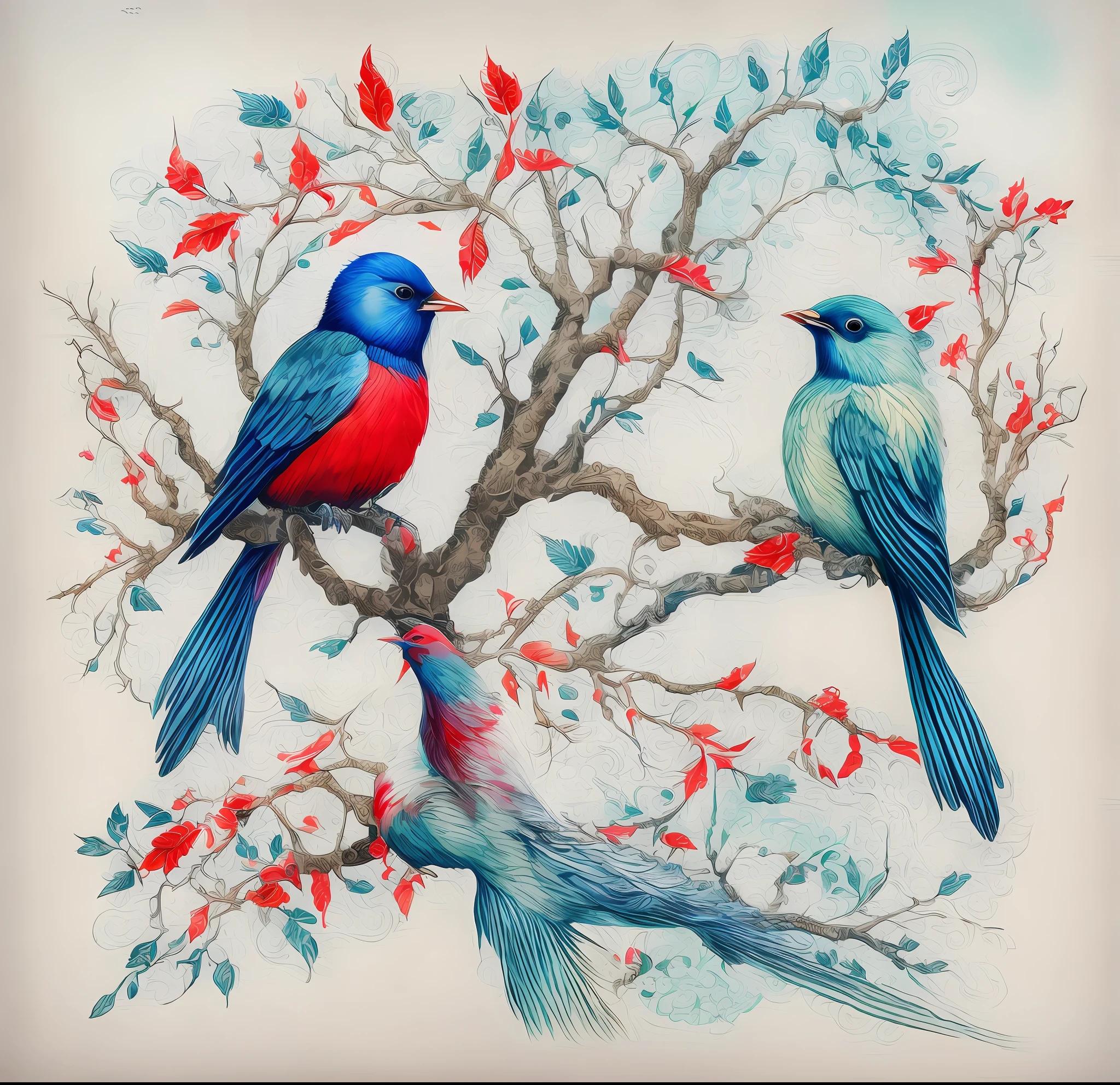 Il y a deux oiseaux assis sur une branche devant un yin yin yin yin yin yin yin yin yin yin yin, bleu et rouge, rouge et bleu, bleu ou rouge, Ying et Yang, Oiseaux mystiques, Blue and red color scheme, Art traditionnel, tatouage bleu et rouge, Red and blue color scheme, Harmonie de la nature, tons bleus et rouges