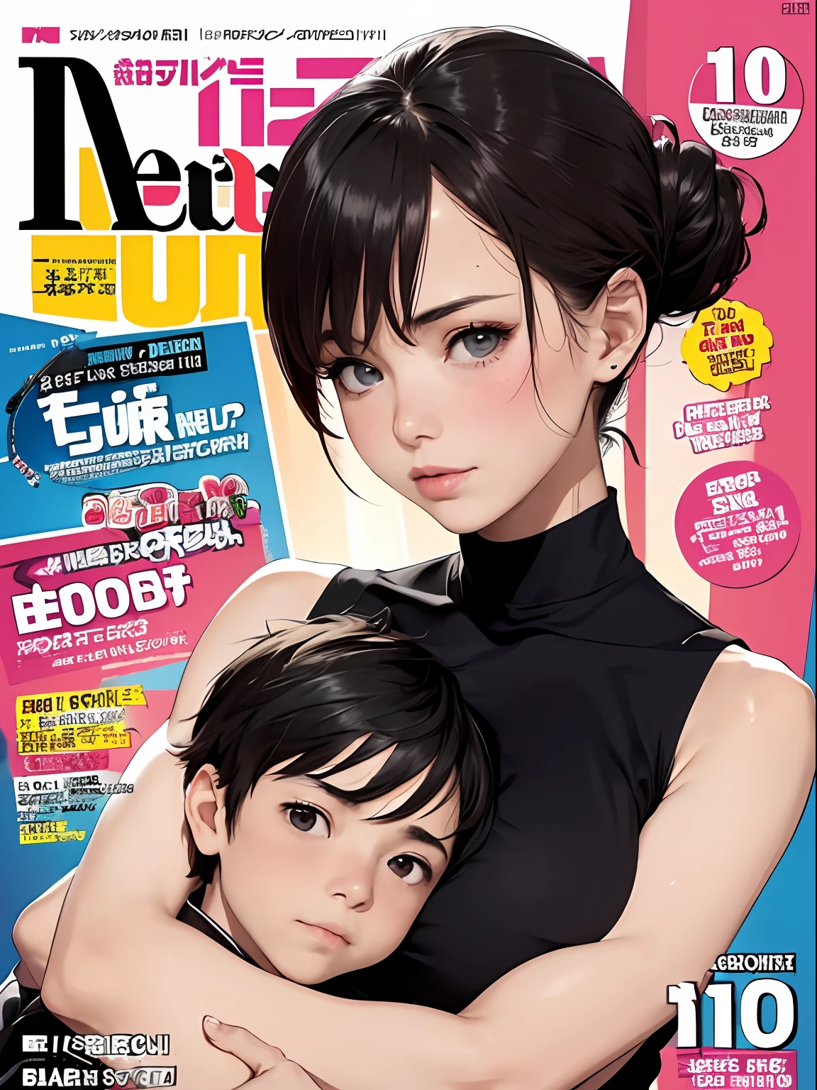 (colorful adult Magazine cover with lots of text)，(close-up:1.2)，pajamas， 1girl，Grasp by hand，(mother and son:1.5)，(kiss:1.2)，(A ten-year-old boy:1.4)，(hug)，(1boys:1.6)，{26-year-old lactating woman},drunken eyes,Side Chest,open at the chest,disproportionate breasts, Nipples standing up,sweat,((Sleeveless,sensual low-necked , open neckline:1.3)),{hairbuns，Women's hairstyle}, (areola:1.4)，Ultra-fine face, detailed eye, Double-fold eyelids，ssmile，pervert