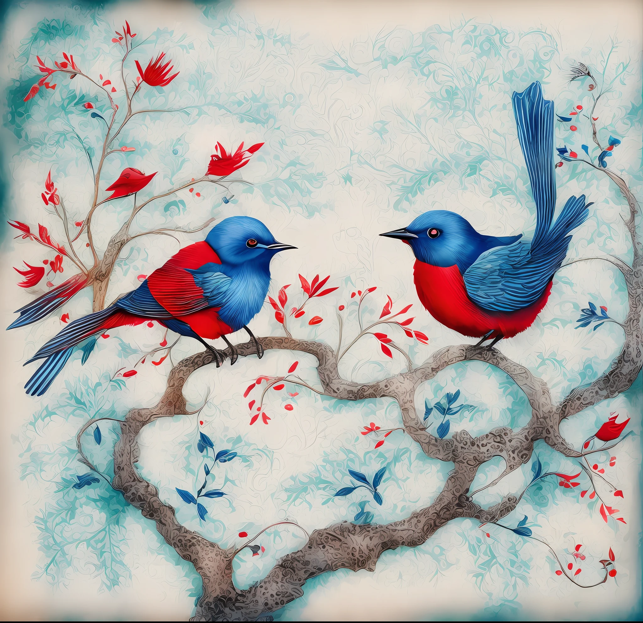 Il y a deux oiseaux assis sur une branche devant un yin yin yin yin yin yin yin yin yin yin yin, bleu et rouge, rouge et bleu, bleu ou rouge, Ying et Yang, Oiseaux mystiques, Blue and red color scheme, Art traditionnel, tatouage bleu et rouge, Red and blue color scheme, Harmonie de la nature, tons bleus et rouges