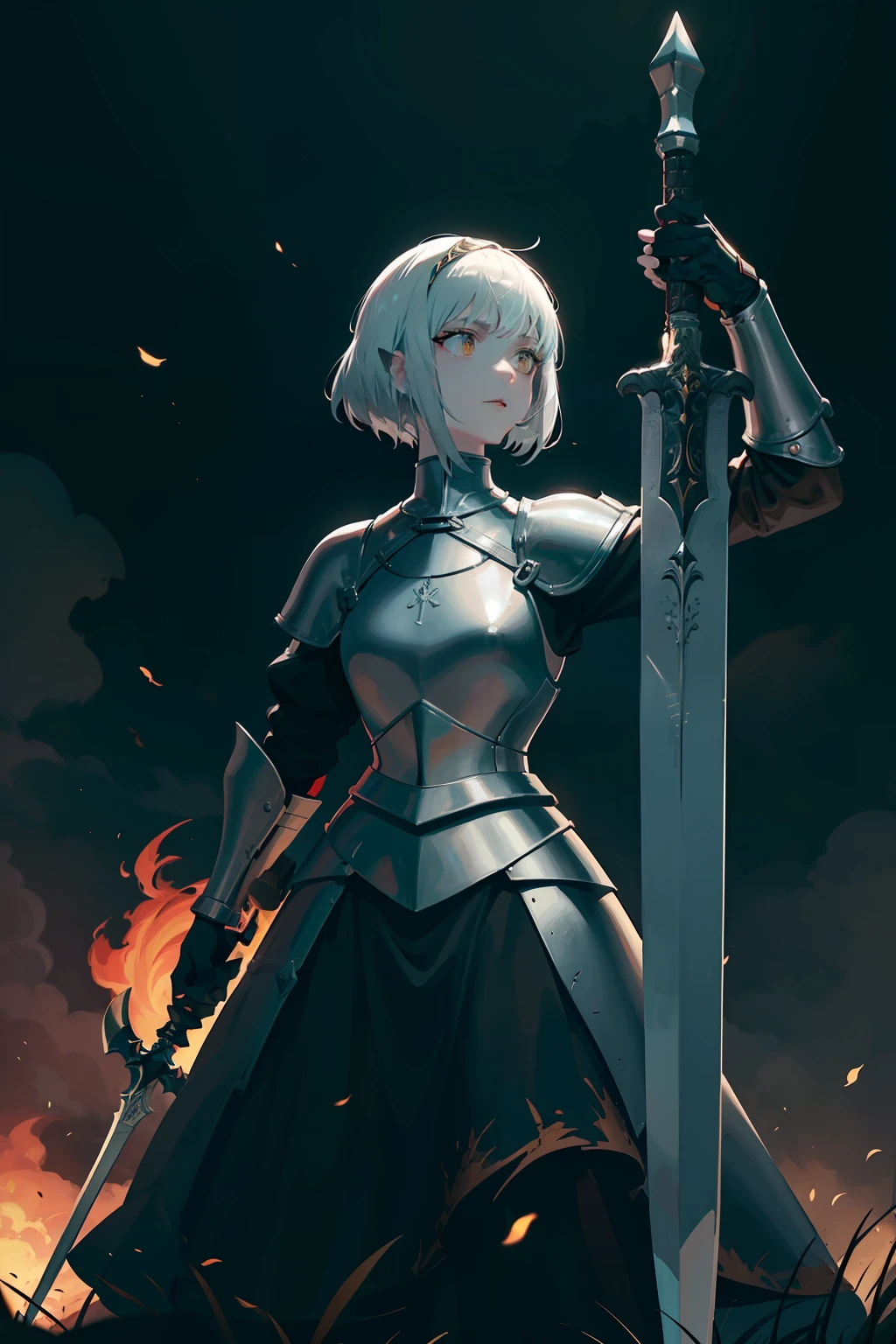 Joan of Arc is standing in the square, around her there is a lot of fire and warriors, some of them are dead, blood is visible on her armor, she holds a sword high above the ground, blood is visible on her sword and armor, she has black short hair without bangs, yellow eyes, pale skin, dramatic lighting, dark weather, dark tones, super detailed