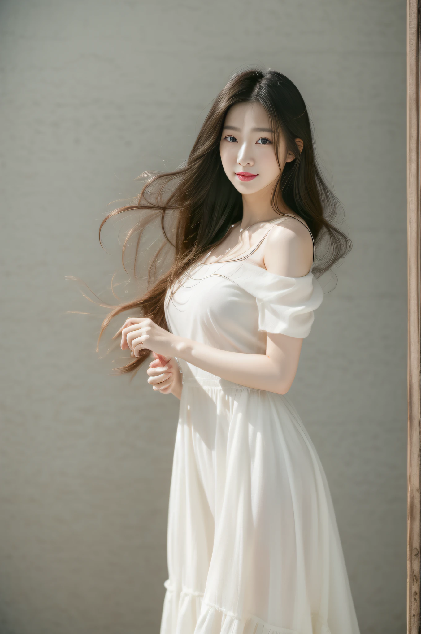Asian women with long hair, Dark hair and white top.,beautiful Korean girl, beautiful Korean girl, female actress from korea,Open shoulders,cheerful,She's looking at you..,White Dresses,Elegant