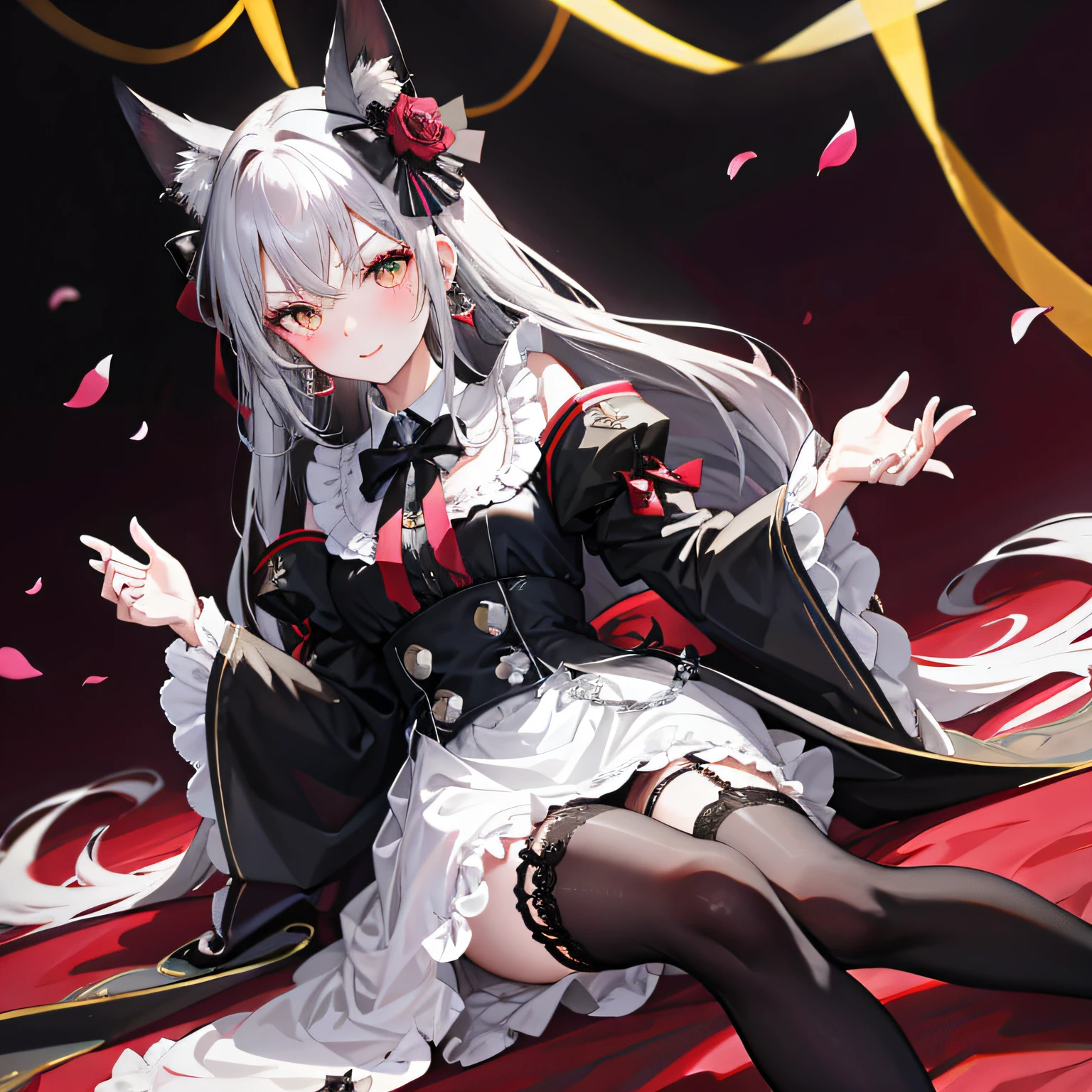 Lolita prostitute,Royal Sister,afloat,flying petal,Floating hair,White complexion、Sharply defined、Slender eyebrows、Deep eyes,Black slim-fit long-sleeved shirt、Black Lolita、high-waist、obi strip、black over-the-knee socks、Silver-toned earrings,lace legwear、tigh-high boots、trinkets、hair adornments、neck chain、Bracelet,Falling streamers and debris,mystical ambiance。Masterpiece, Best quality, Refined face,ssmile, 8K, A high resolution, Super resolution,absurderes, A high resolution, Ultra detailed, elegant flourishes, and a sense of craftsmanship and skill,