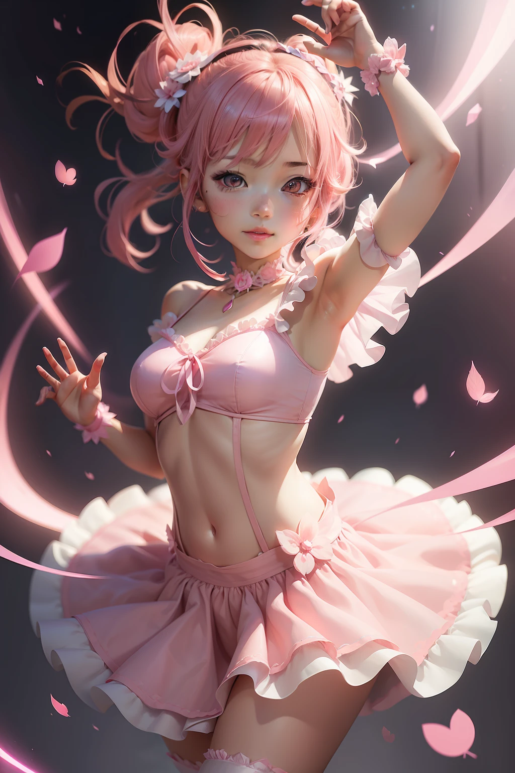 There is a digital painting of a woman in a pink dress, kawaii playful pose of a dancer, [ Digital Art ]!!, during night!!, anime moe art style, she is dancing, in a glowing skirt, Digital Art!!, けもの, made with anime painter studio, by Ai-Mitsu, by Ei-Q, pink girl