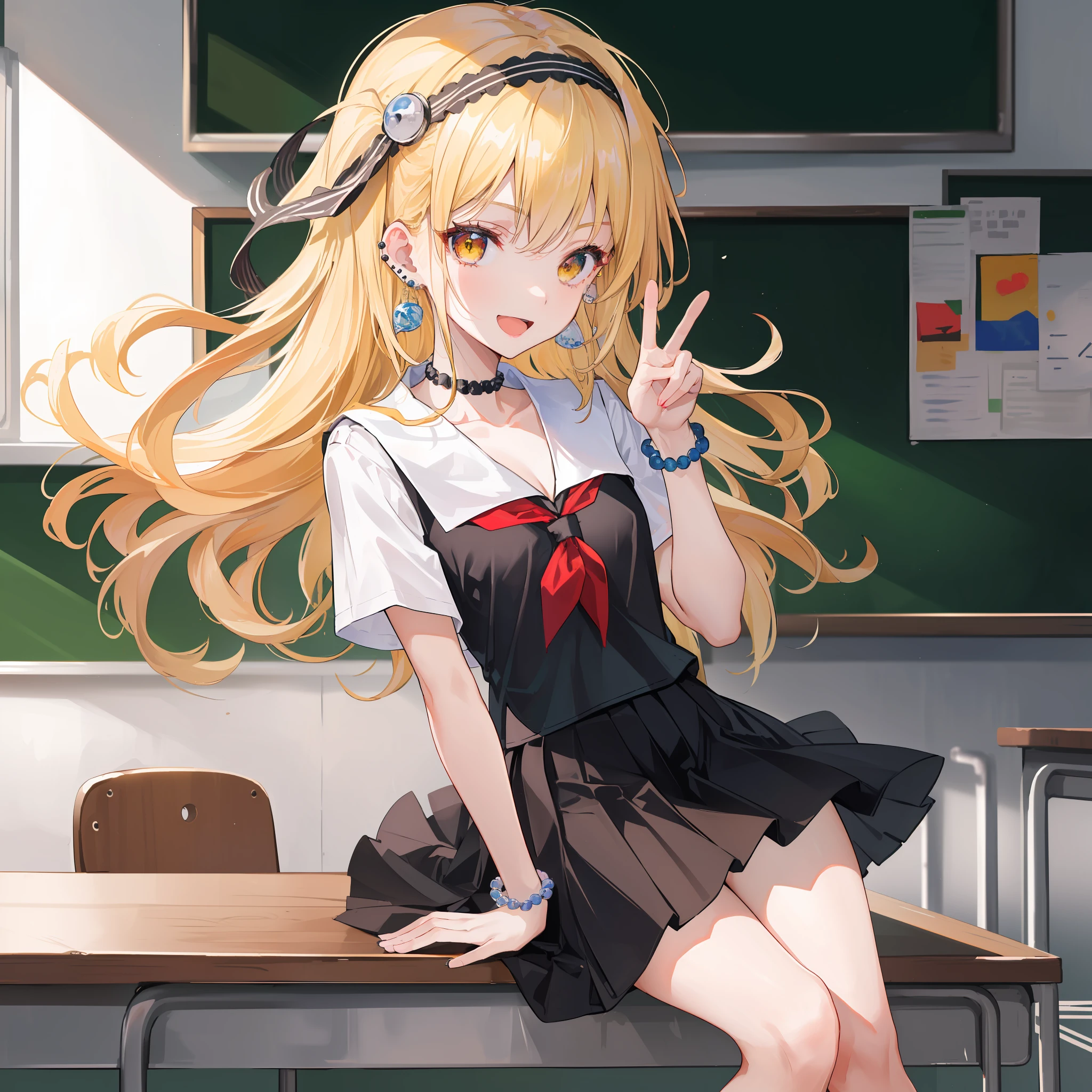 (名傌), (((Best Quality)), (Super Detail), 1 Girl, Blonde Straight Hair, School, Classroom, Open Legs on Desk, Blue White Panties, Peace Sign, Pubic Hair, Yellow Eyes, , Skinny Legs, School Uniform, Skirt, Red Eye, Piercings, Earrings, Earrings, Stud Earrings, Black Choker, Loose Tie, Socks, Serafuk, Neckerchief, Sailor Collar, pleated skirt, white socks, black skirt, short sleeve, shirt, white shirt, black sailor collar, blue neckerchief, beaded bracelet, wrist scrunchie, long nails, open mouth, smile, bangs, small breasts, cleavage, perfect hands, hand detail, fixed fingers, looking_al_Viewer, top quality, rich detail, perfect image quality,