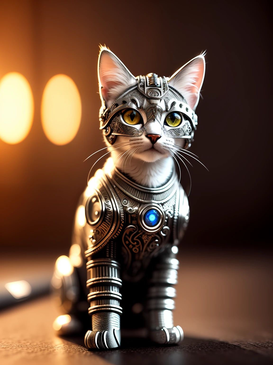 a cute kitten made out of metal, (cyborg:1.1), ([tail | detailed wire]:1.3), (intricate details), hdr, (intricate details, hyperdetailed:1.2), cinematic shot, vignette, centered