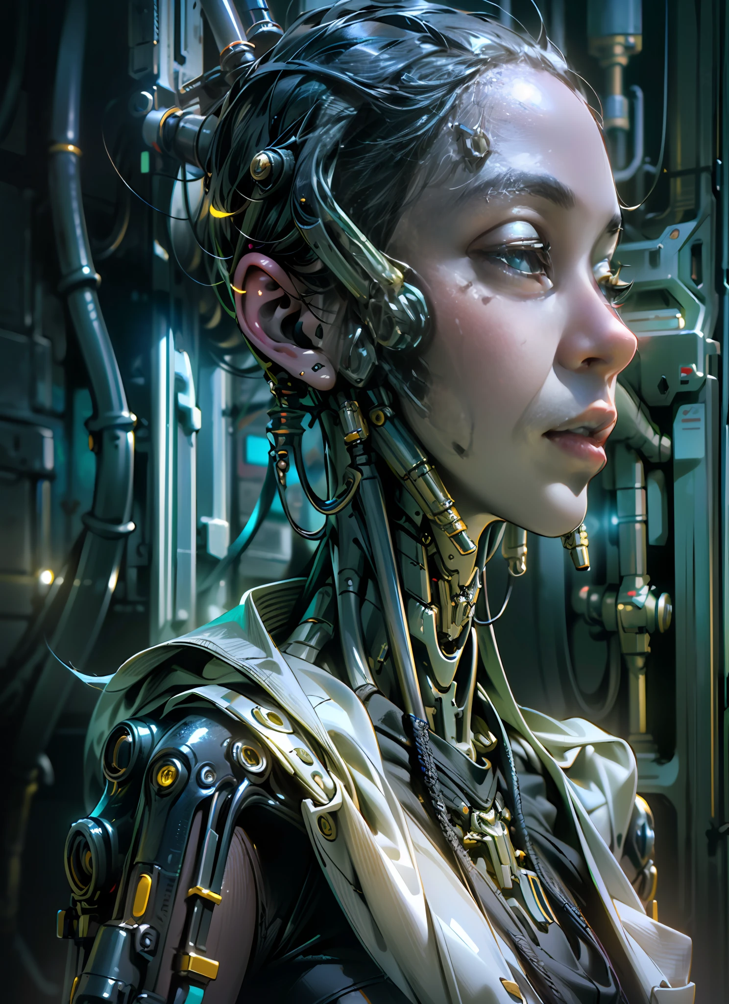 Top Quality, Masterpiece, Ultra High Resolution, ((Photorealistic: 1.4), Raw Photo, 1 cyberpunk android Girl, ((portrait)), Glossy Skin, (Ultra Realistic Details)), mechanical limbs, tubes connected to the mechanical parts, mechanical vertebrae attached to the spine, mechanical cervical attachment to the neck, wires and cables connecting to the head, Evangelion, ((Ghost in the Shell)), small glowing LED lamps, global lighting, deep shadows, Octane Rendering, 8K, Ultra Sharp, Metal, Intricate Ornament Details, baroque details, Very intricate details, realistic light, CGSoation trend, facing the camera, neon details, (android manufactory in background), art by H.R. Giger and Alphonse Mucha.