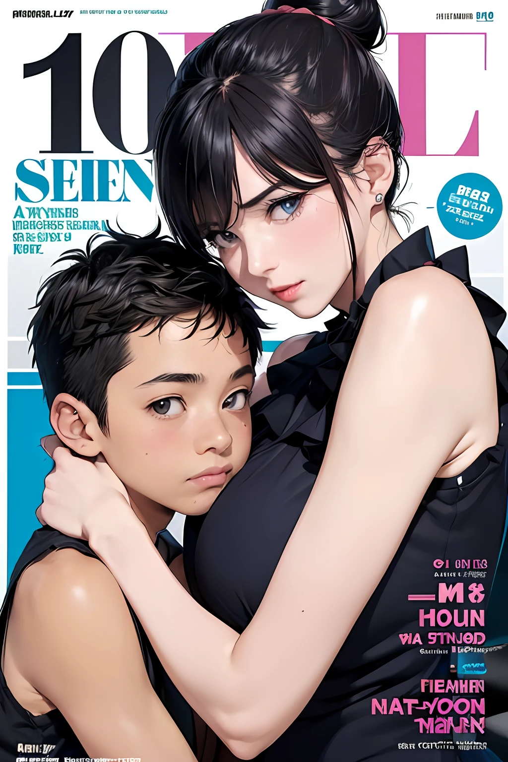 (colorful adult Magazine cover with lots of text)，(close-up:1.2)，pajamas， 1girl，Grasp by hand，(mother and son:1.5)，(kiss:1.2)，(A ten-year-old boy:1.4)，(hug)，(1boys:1.6)，{26-year-old lactating woman},drunken eyes,Side Chest,open at the chest,disproportionate breasts, Nipples standing up,sweat,((Sleeveless,sensual low-necked , open neckline:1.3)),{hairbuns，Women's hairstyle}, (areola:1.4)，Ultra-fine face, detailed eye, Double-fold eyelids，ssmile，pervert