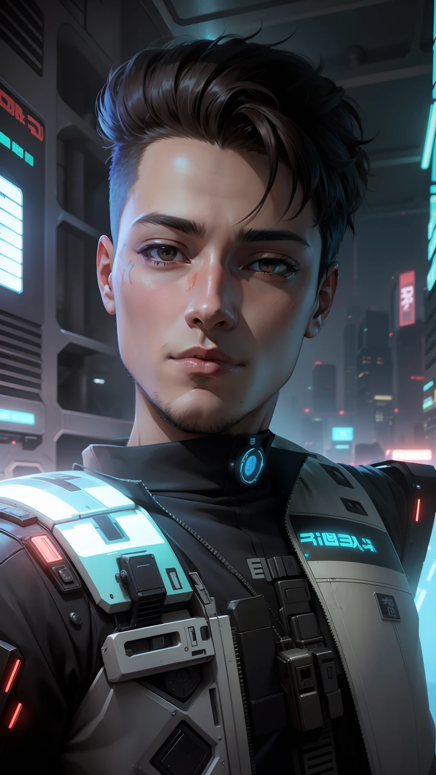 Anime boy, anime face, scifi background, scifi art,mecha, cyberpunk punk