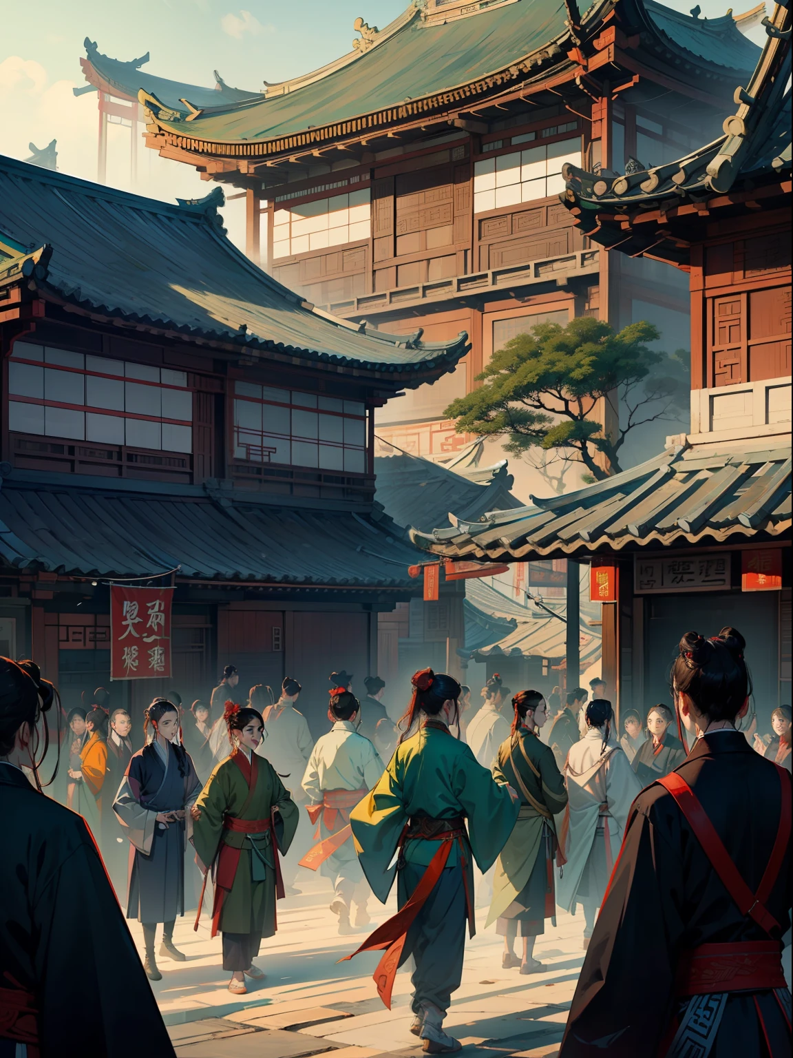 Ancient Chinese streets, (lively) + (crowds of people) + (multi-head: 1.5) + (multi-handed) + [Dugu seeking defeat, Ruyi Chuan, do you know if it should be green fat red thin, Chinese tradition, (tea house/tavern/shop): 1.2]